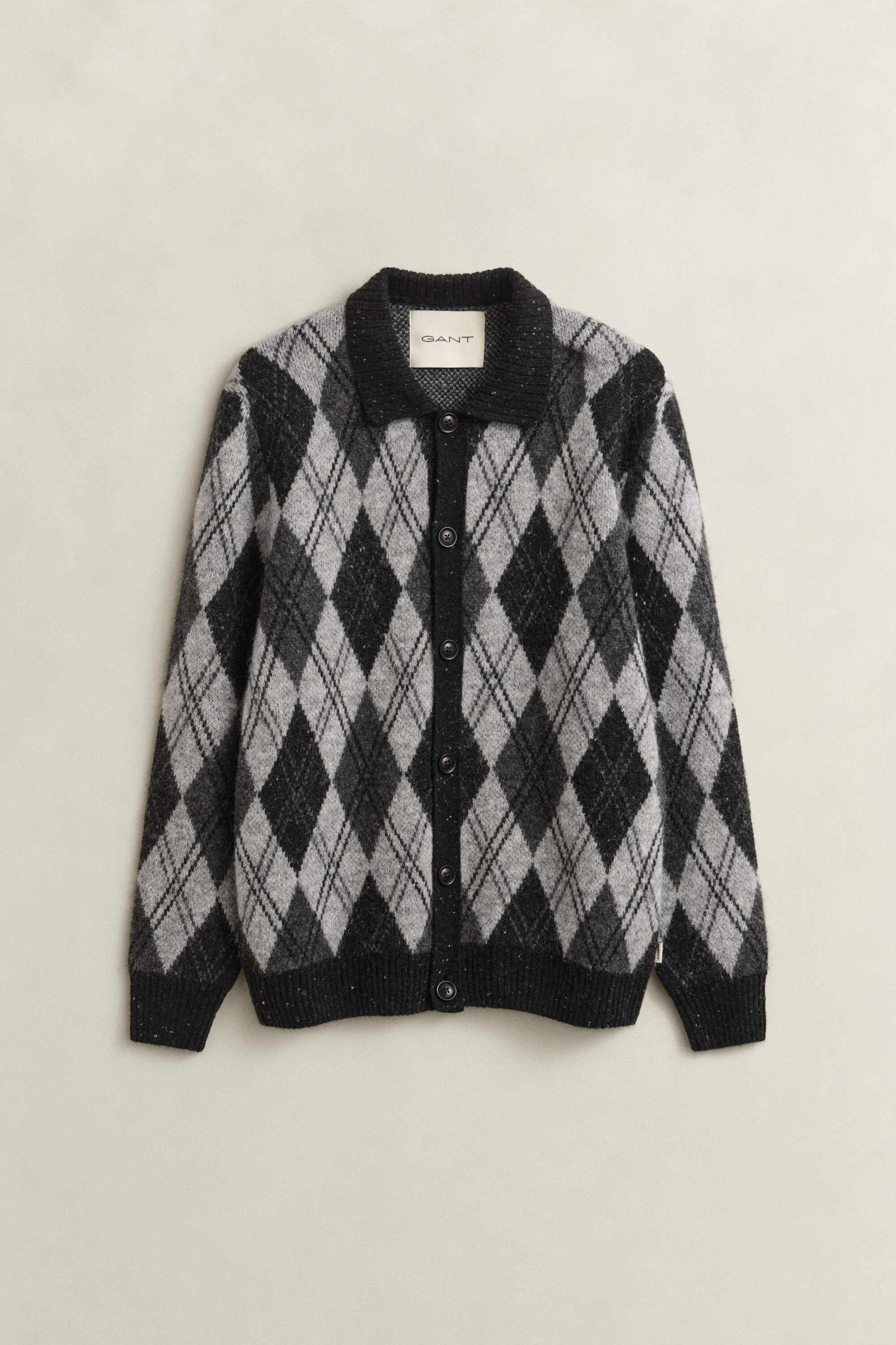 Cardigan façon polo en laine d’alpaga mélangée à motif argyle