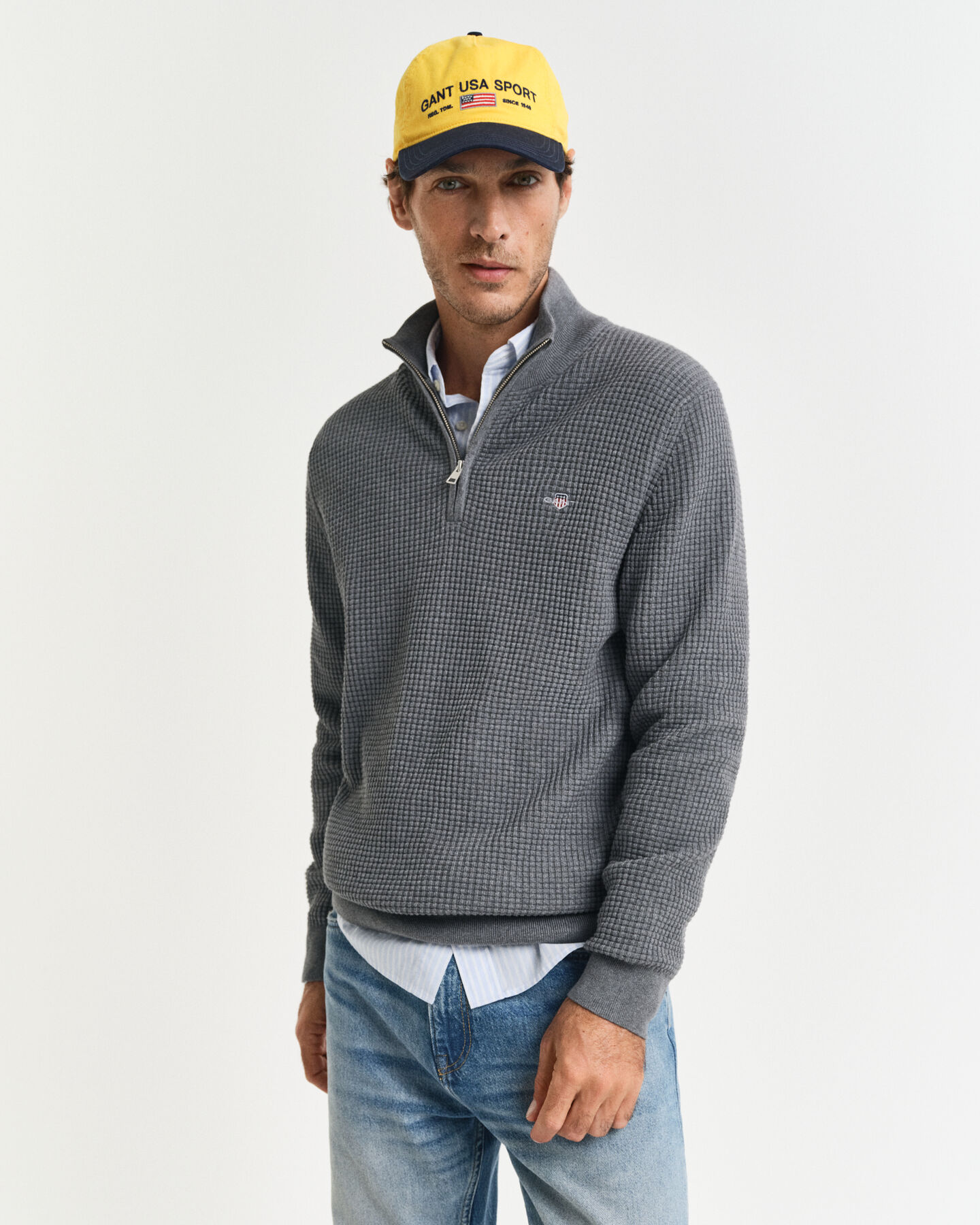 Pull à demi-zip en coton texturé