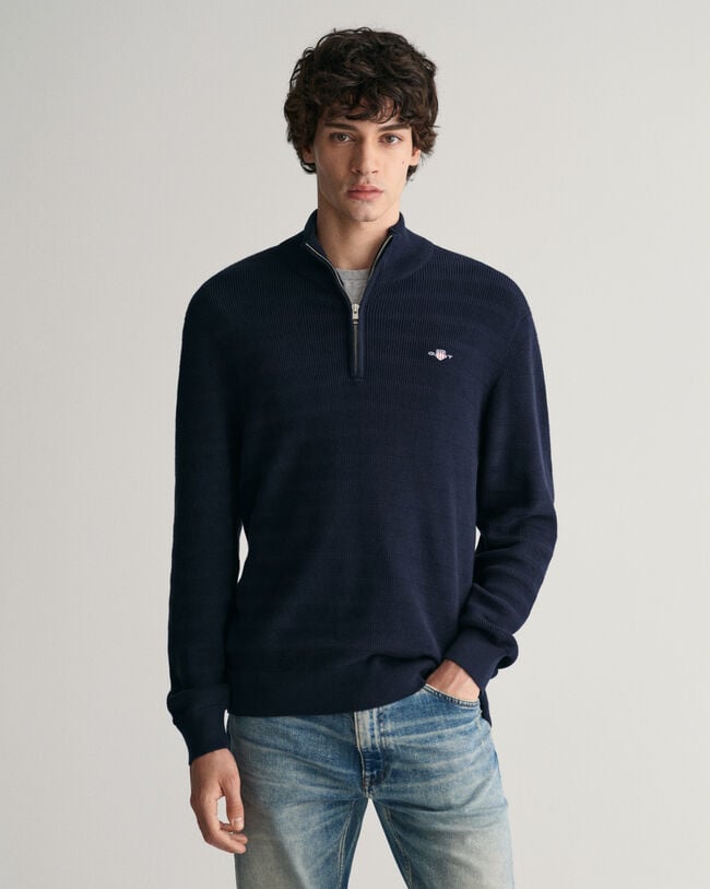 Pull à demi-zip en coton texturé à rayures