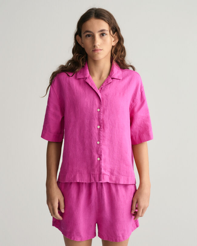 Chemise boxy en lin &agrave; manches courtes Teen Girls
