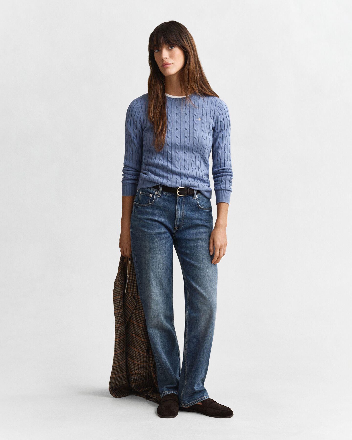 Pull col rond en maille de coton stretch à torsades