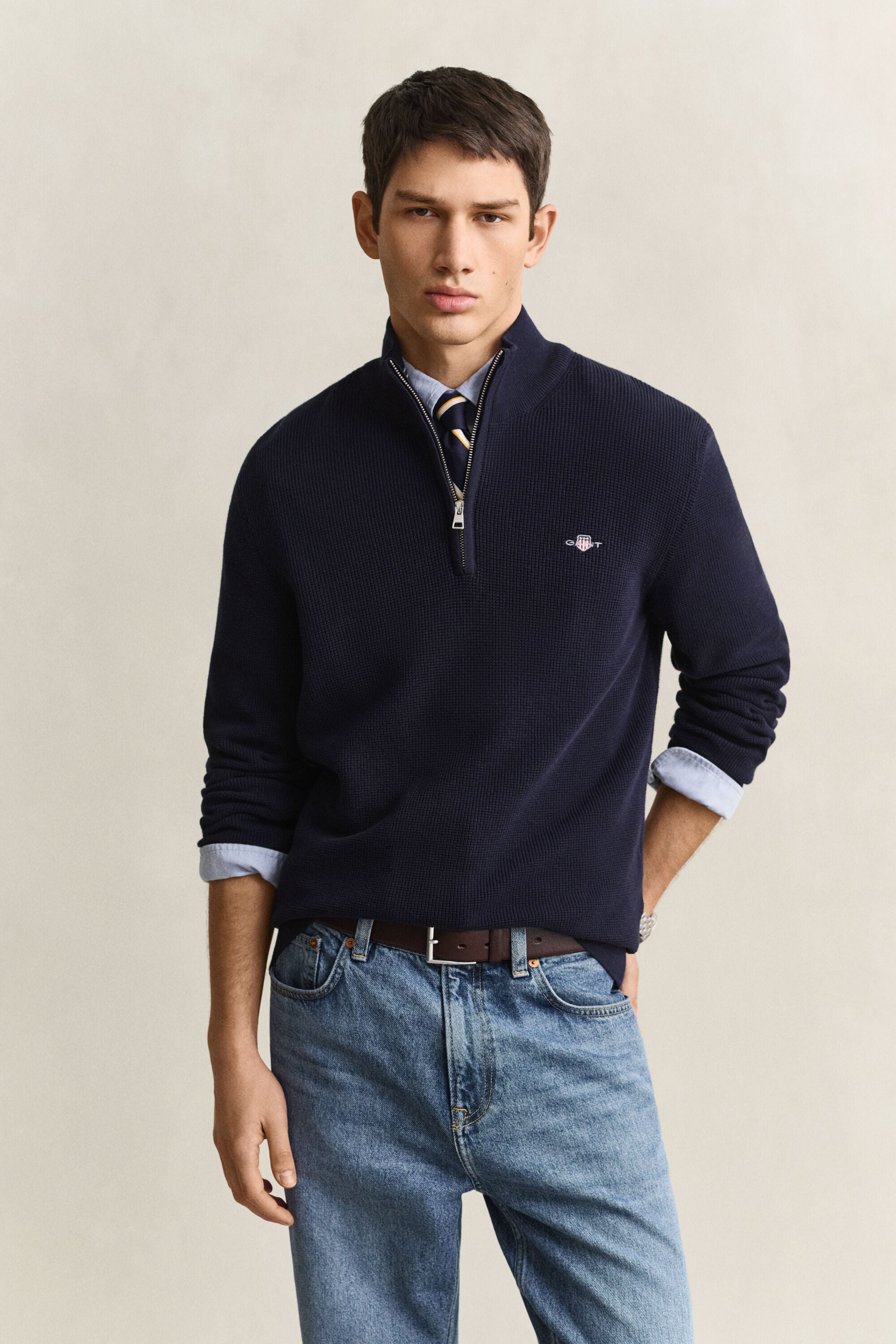 Pull à demi-zip en coton texturé