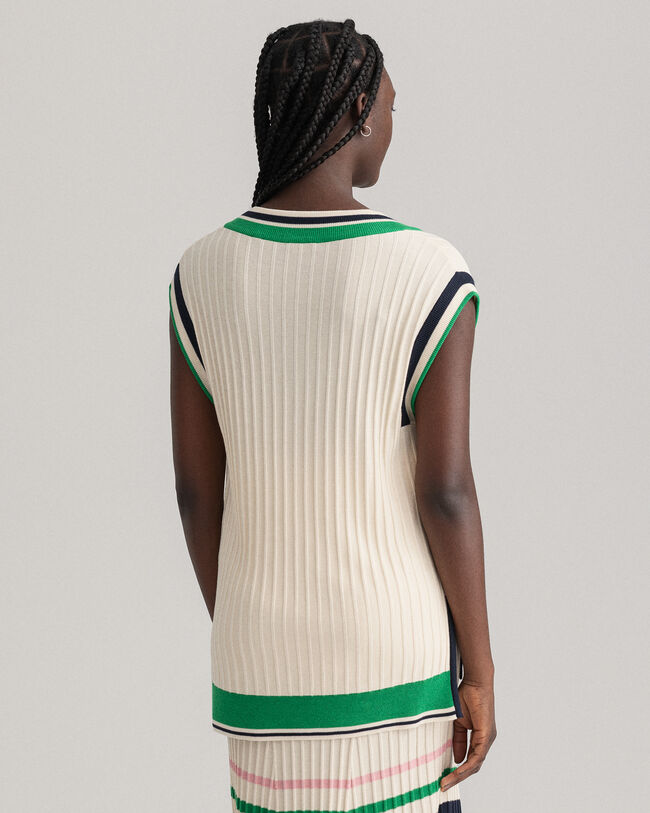 Pull sans manches en maille c&ocirc;tel&eacute;e &agrave; rayures