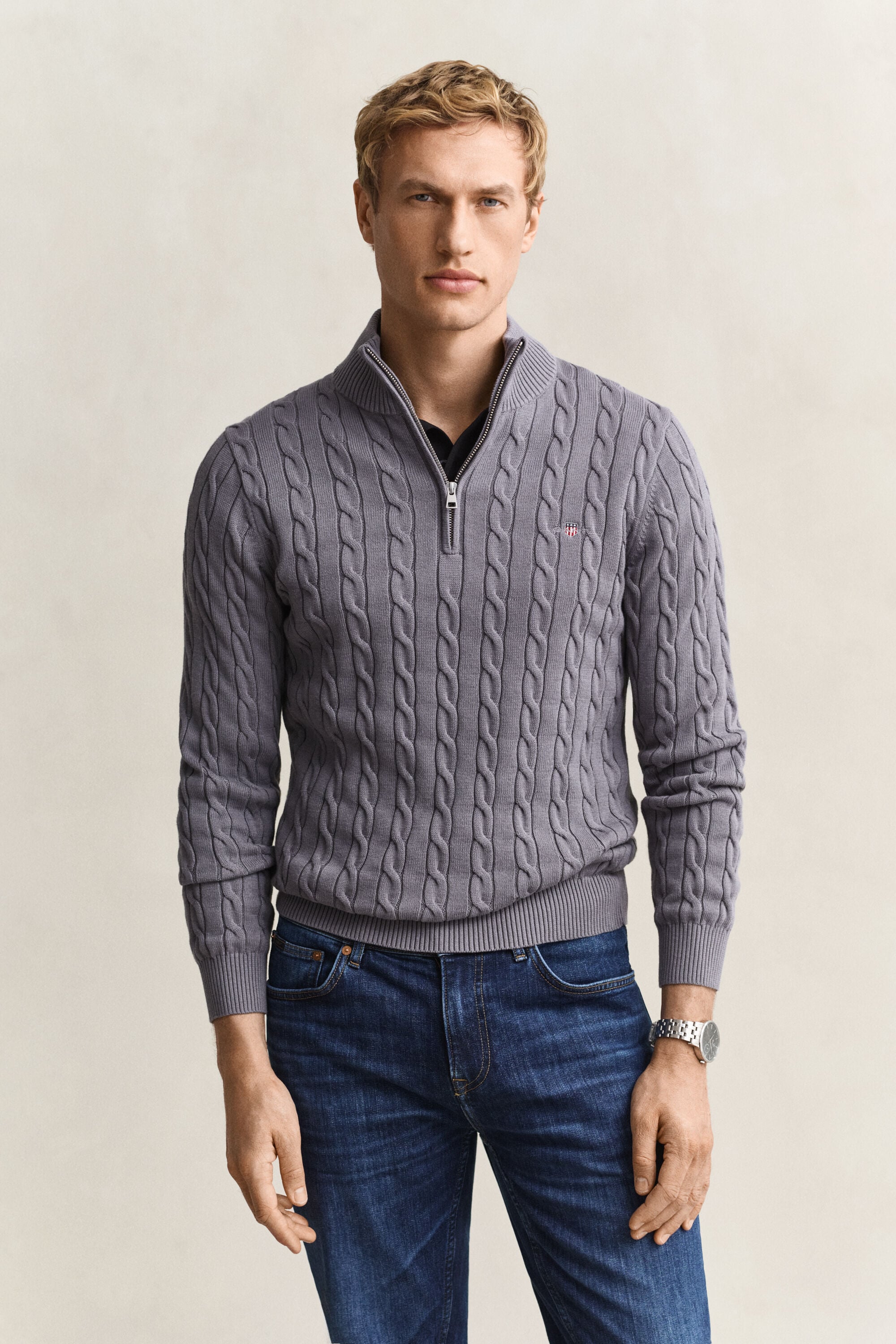 Pull à demi-zip en maille de coton torsadée