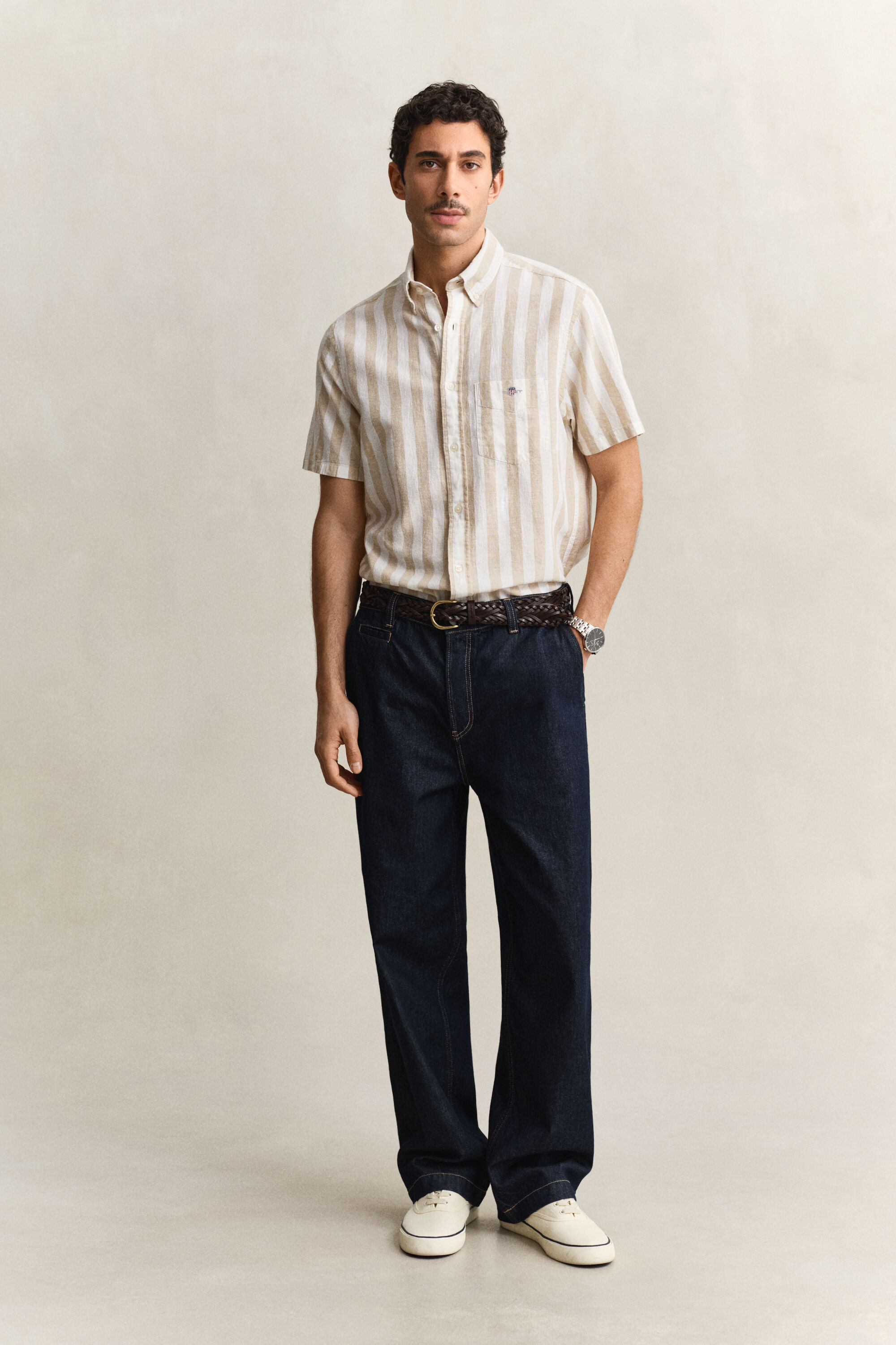 Chemise à manches courtes en lin mélangé à rayures