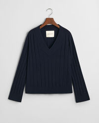 Pull col V en laine &agrave; c&ocirc;tes larges