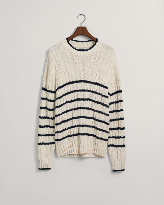 Pull ras du cou en maille torsad&eacute;e &agrave; rayures