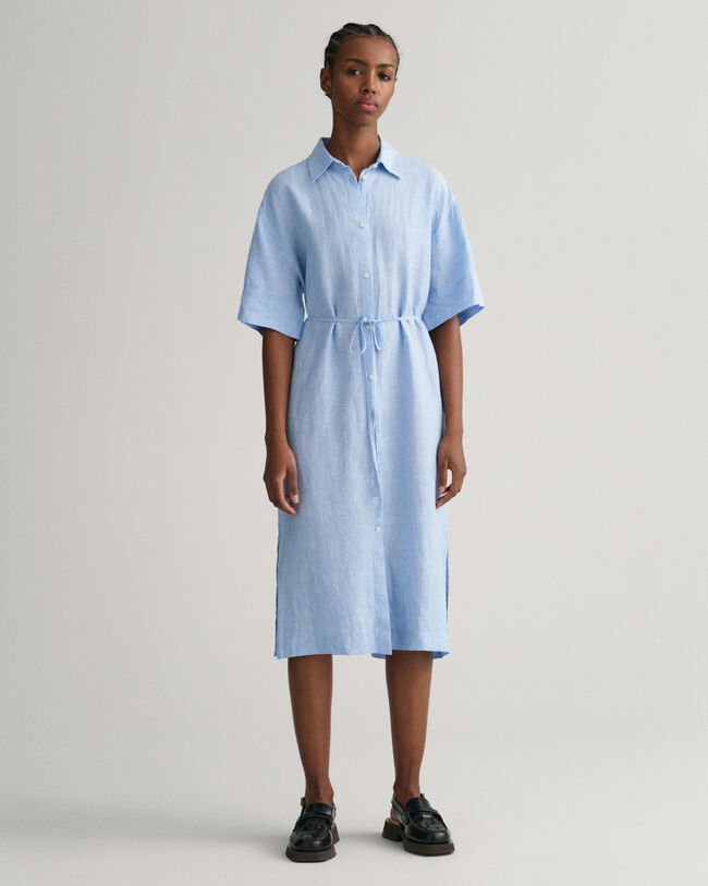 Robe-chemise en lin &agrave; manches courtes