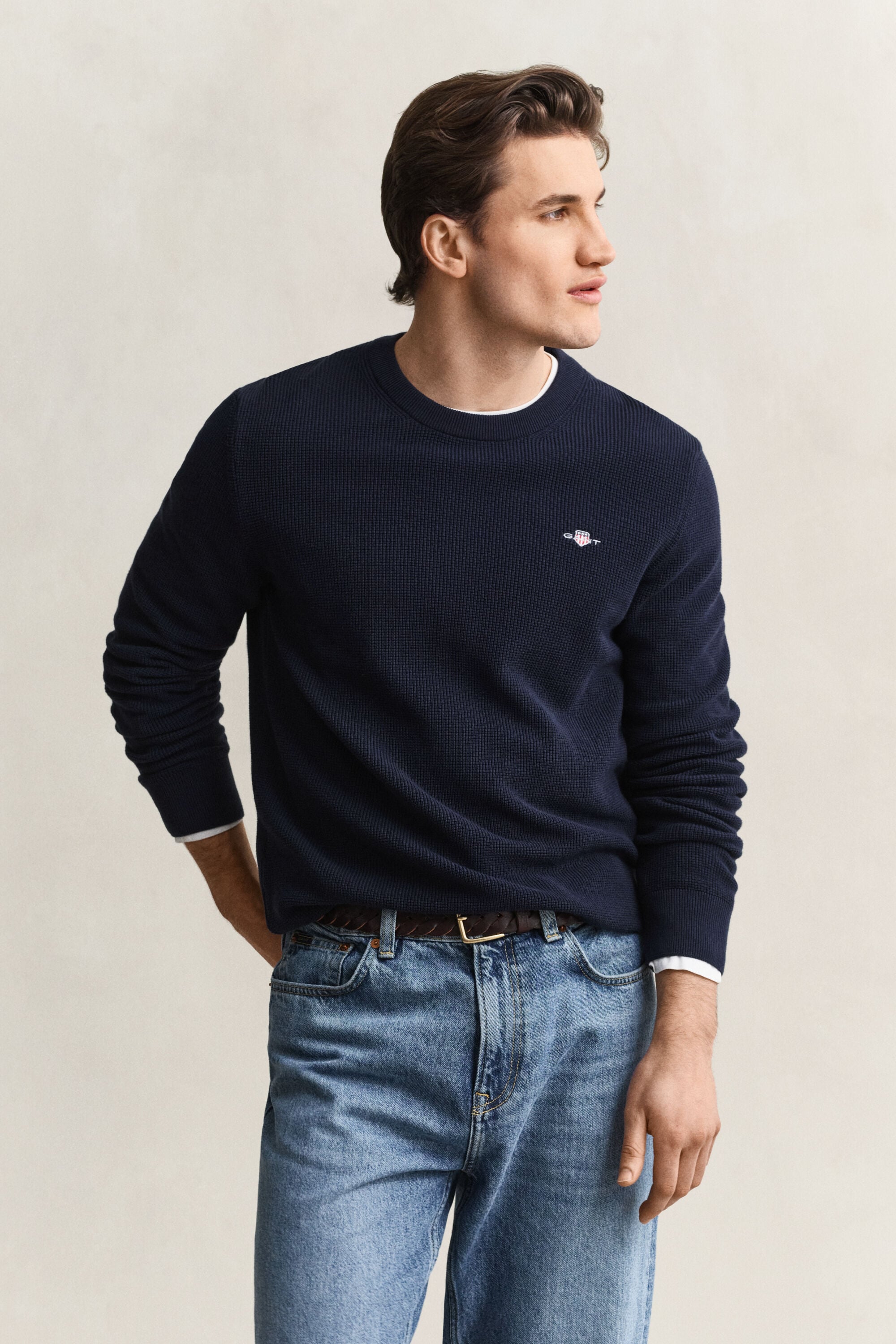 Pull col rond en coton texturé