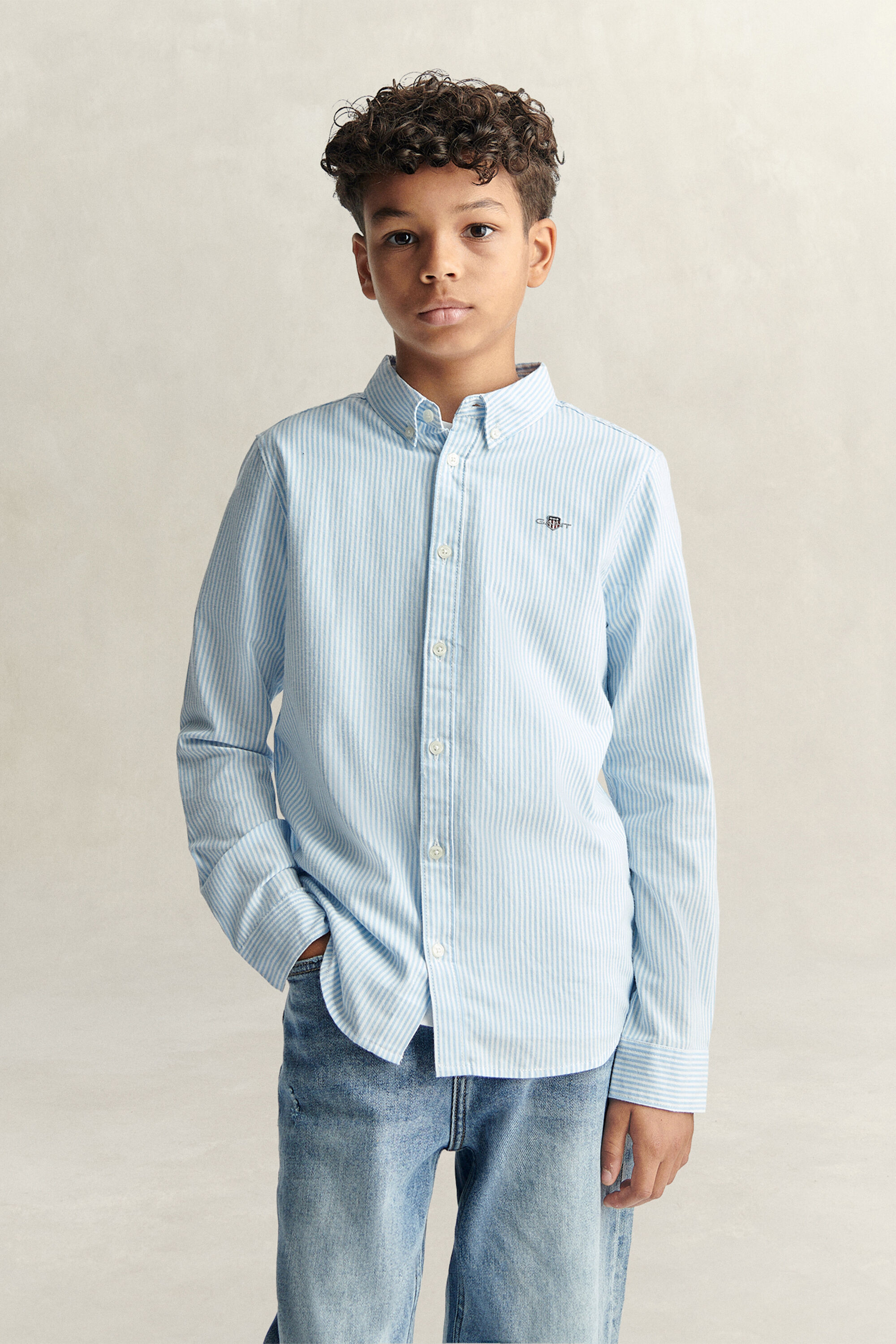 Chemise en coton Oxford à rayures avec écusson pour Ado Garçon