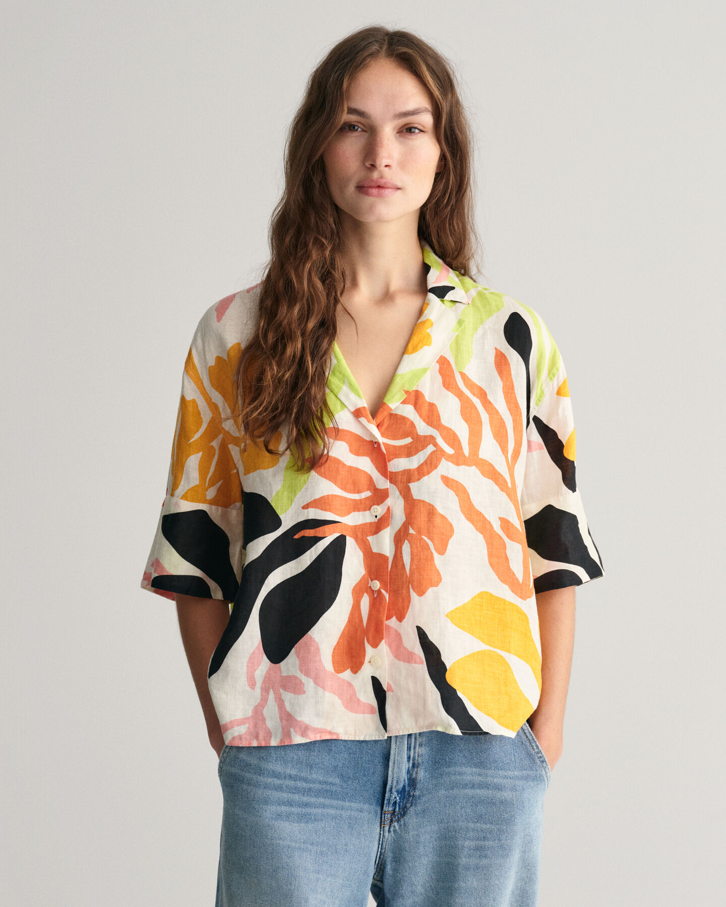 Chemise relaxed fit en lin &agrave; manches courtes Palm Print
