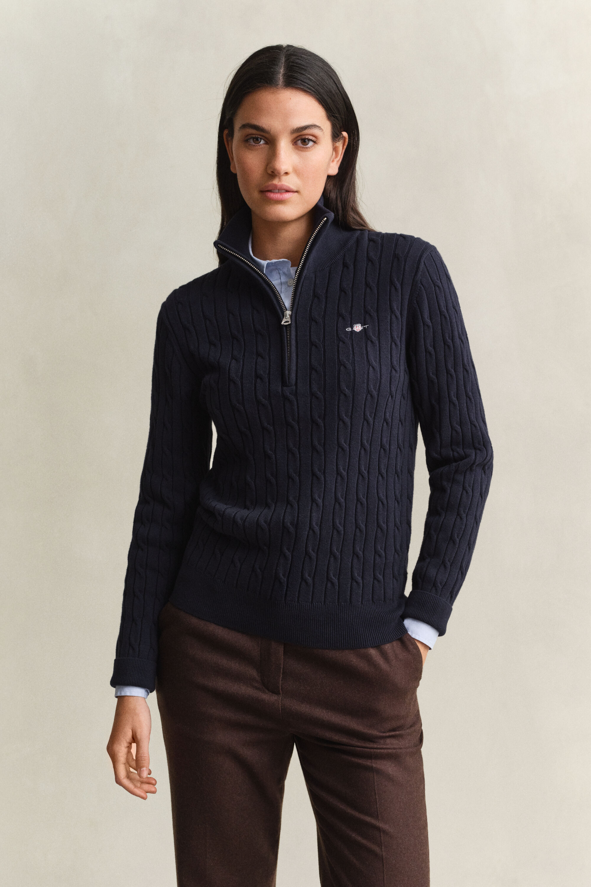 Pull à demi-zip en maille torsadée extensible