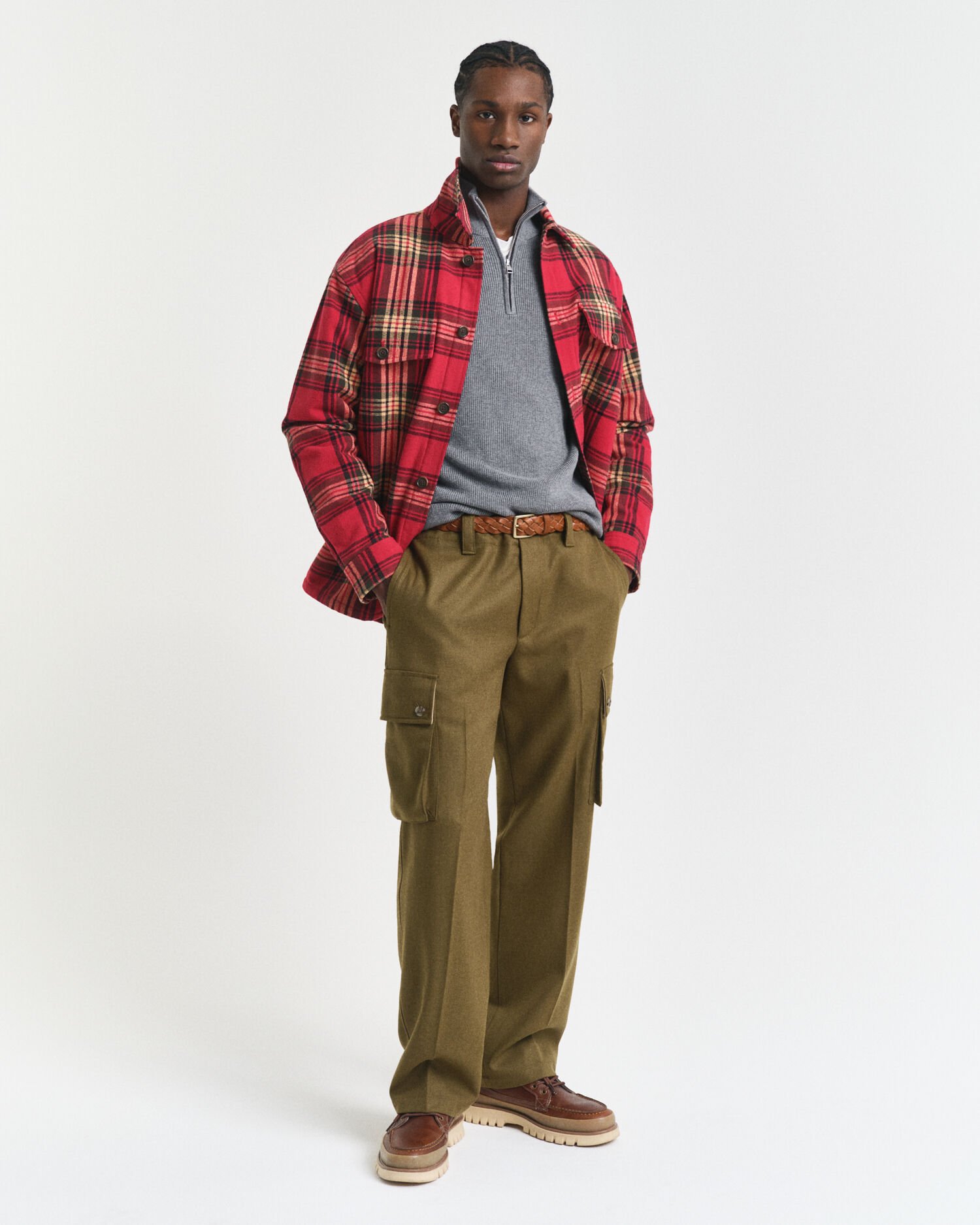 Pull à demi-zip côtelé en coton et laine mérinos