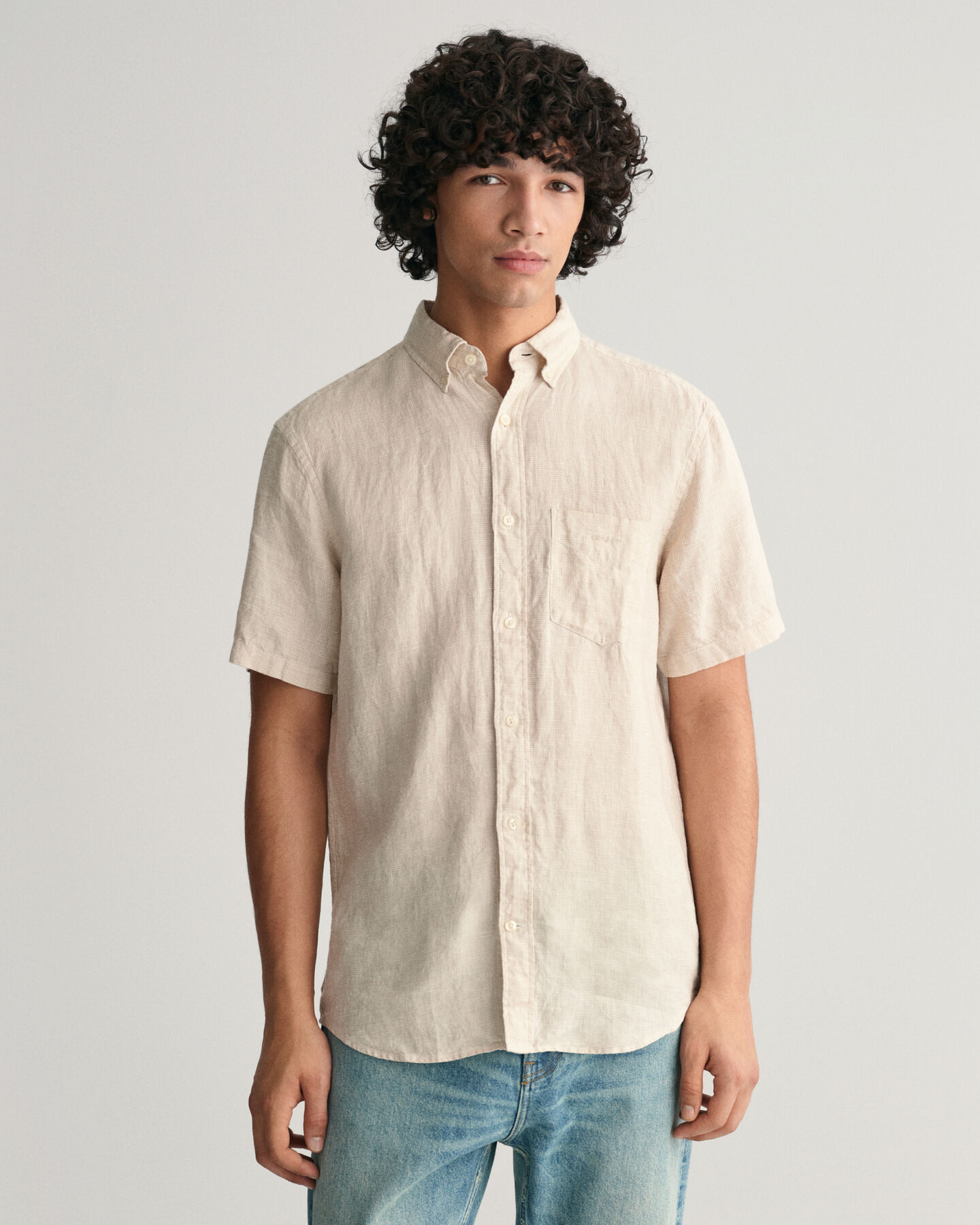 Chemise regular fit en lin &agrave; manches courtes &agrave; motif pied-de-poule