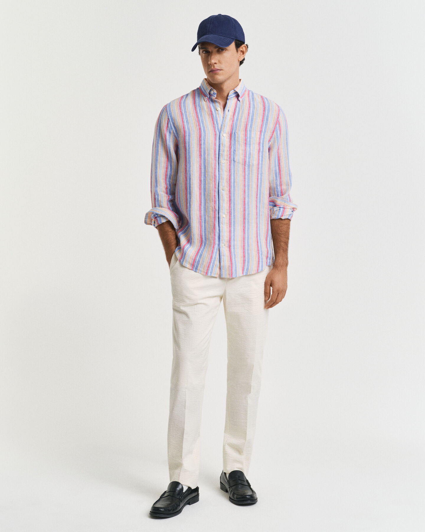 Pantalon de costume coupe slim fusel&eacute;e en seersucker