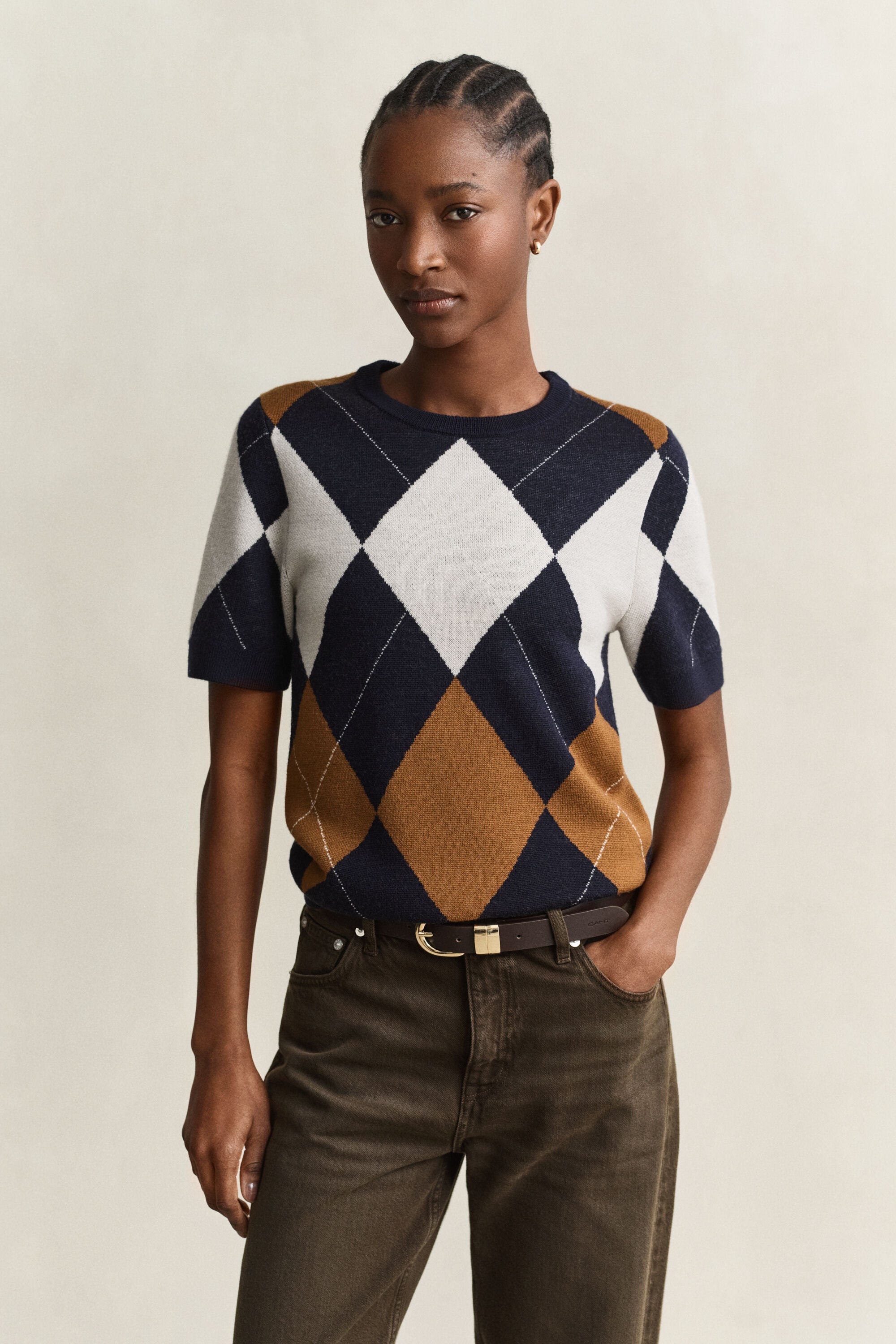 Pull à manches courtes en laine avec motif argyle