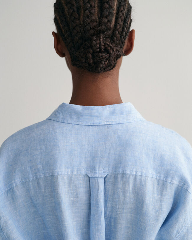 Robe-chemise en lin &agrave; manches courtes