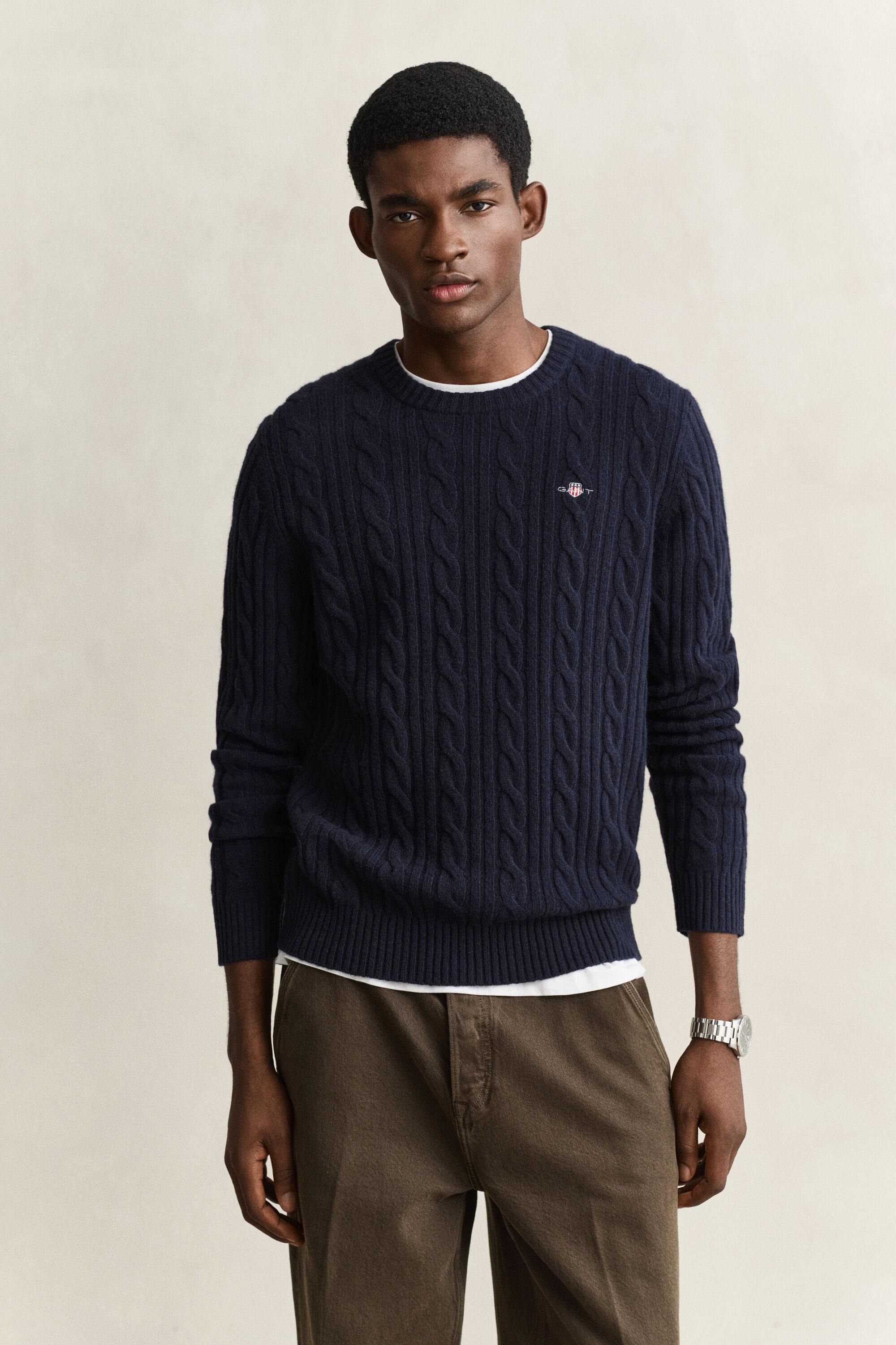 Pull col rond en maille torsadée en laine d'agneau