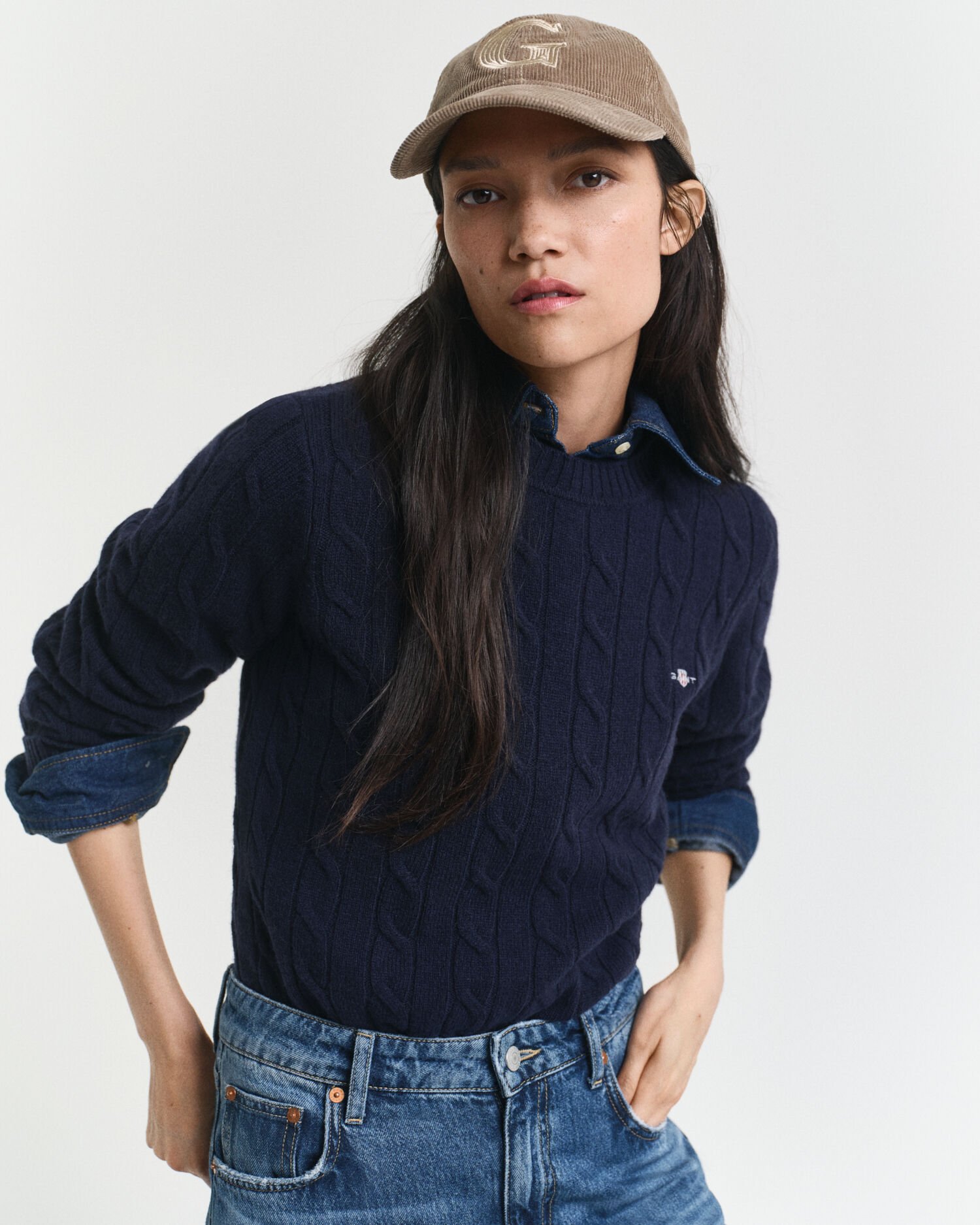 Pull col rond en maille torsadée en laine d'agneau