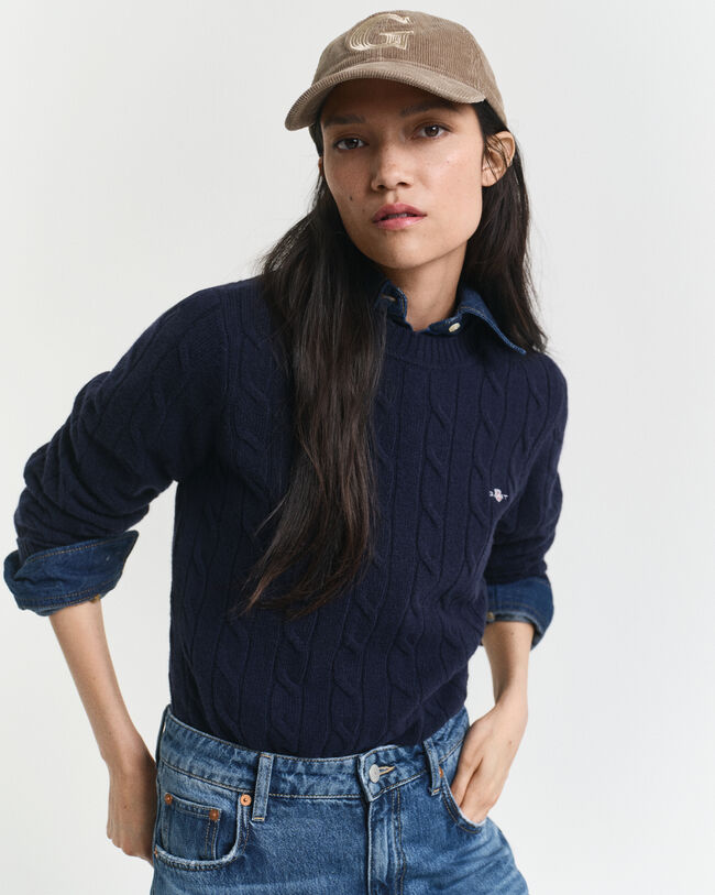 Pull col rond en maille torsadée en laine d'agneau