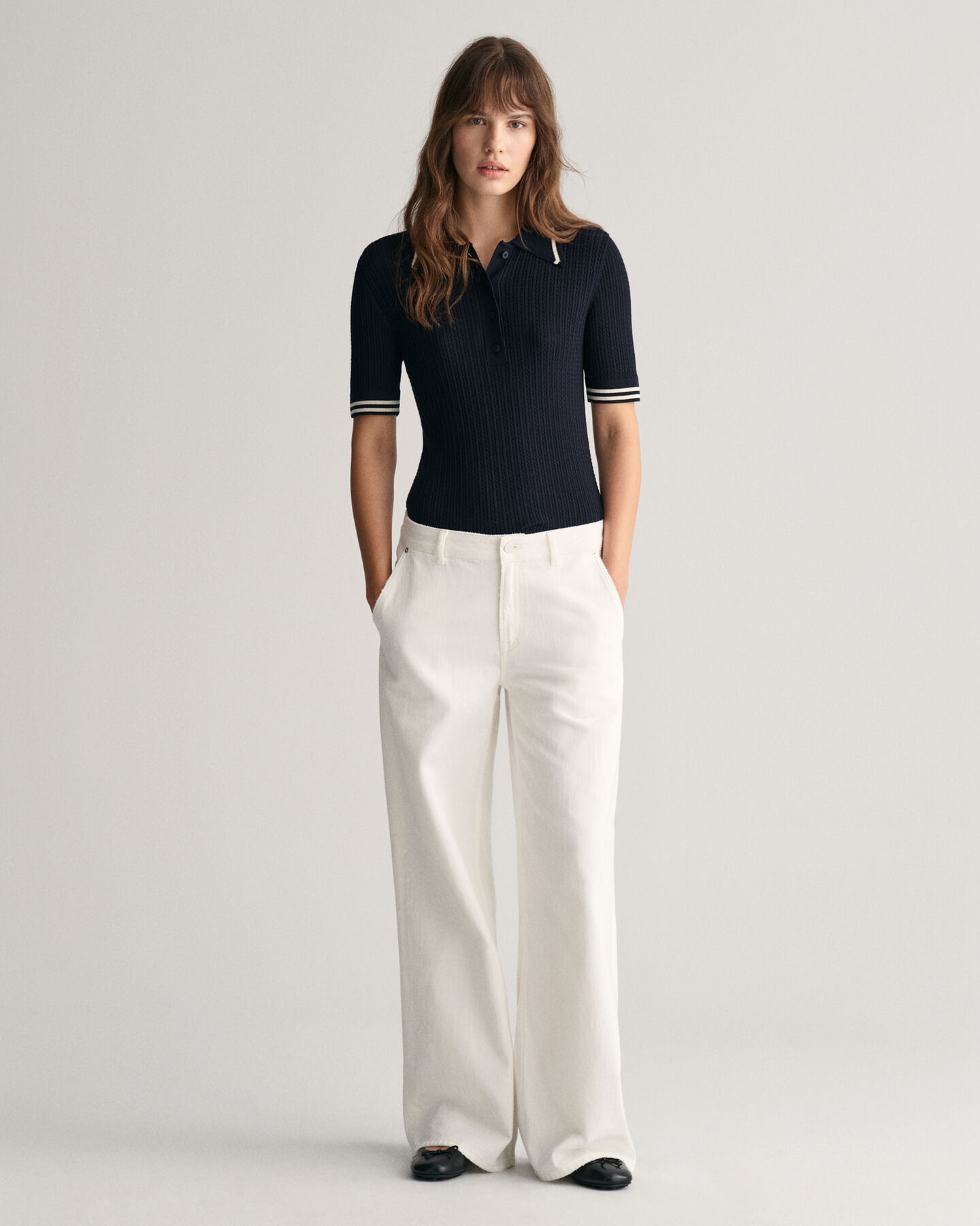 Pull façon polo en maille à torsades