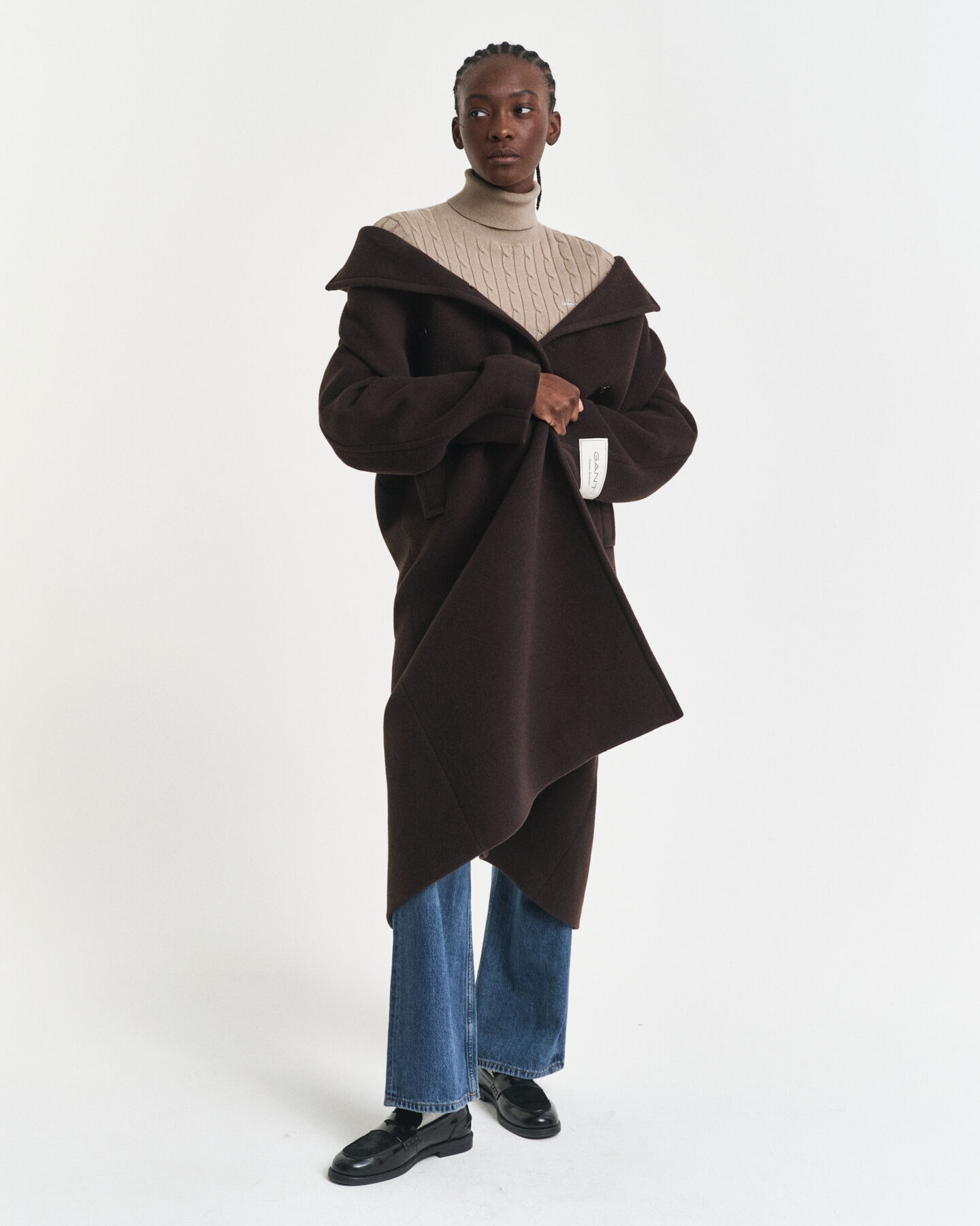 Pull col roulé en maille de coton stretch à torsades