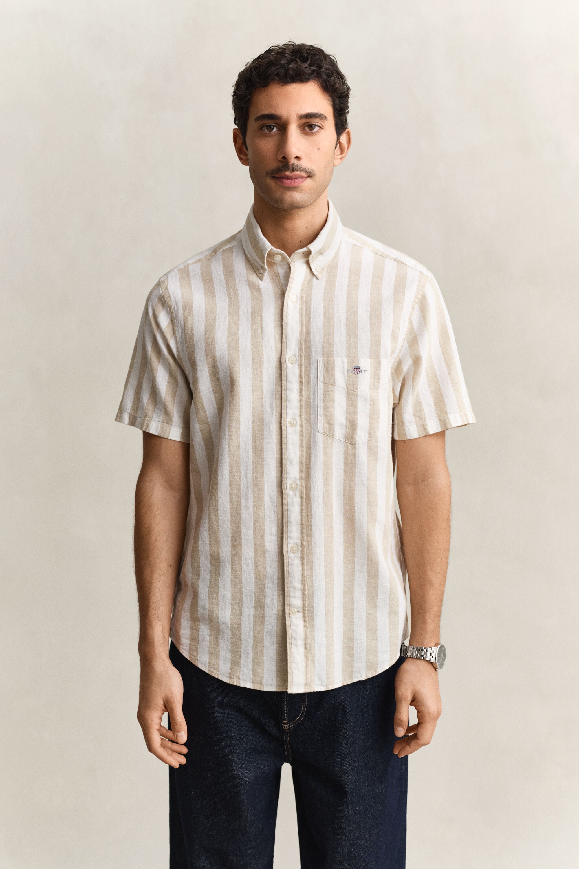 Chemise à manches courtes en lin mélangé à rayures