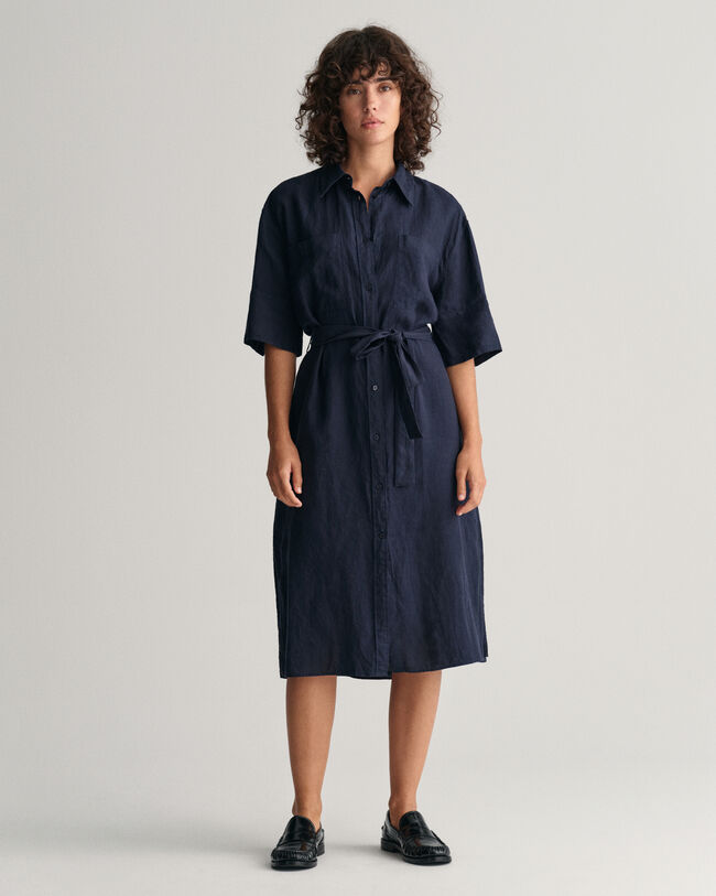 Robe-chemise en lin &agrave; manches courtes