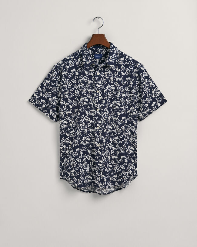Chemise regular fit en coton et lin &agrave; imprim&eacute; floral et manches courtes