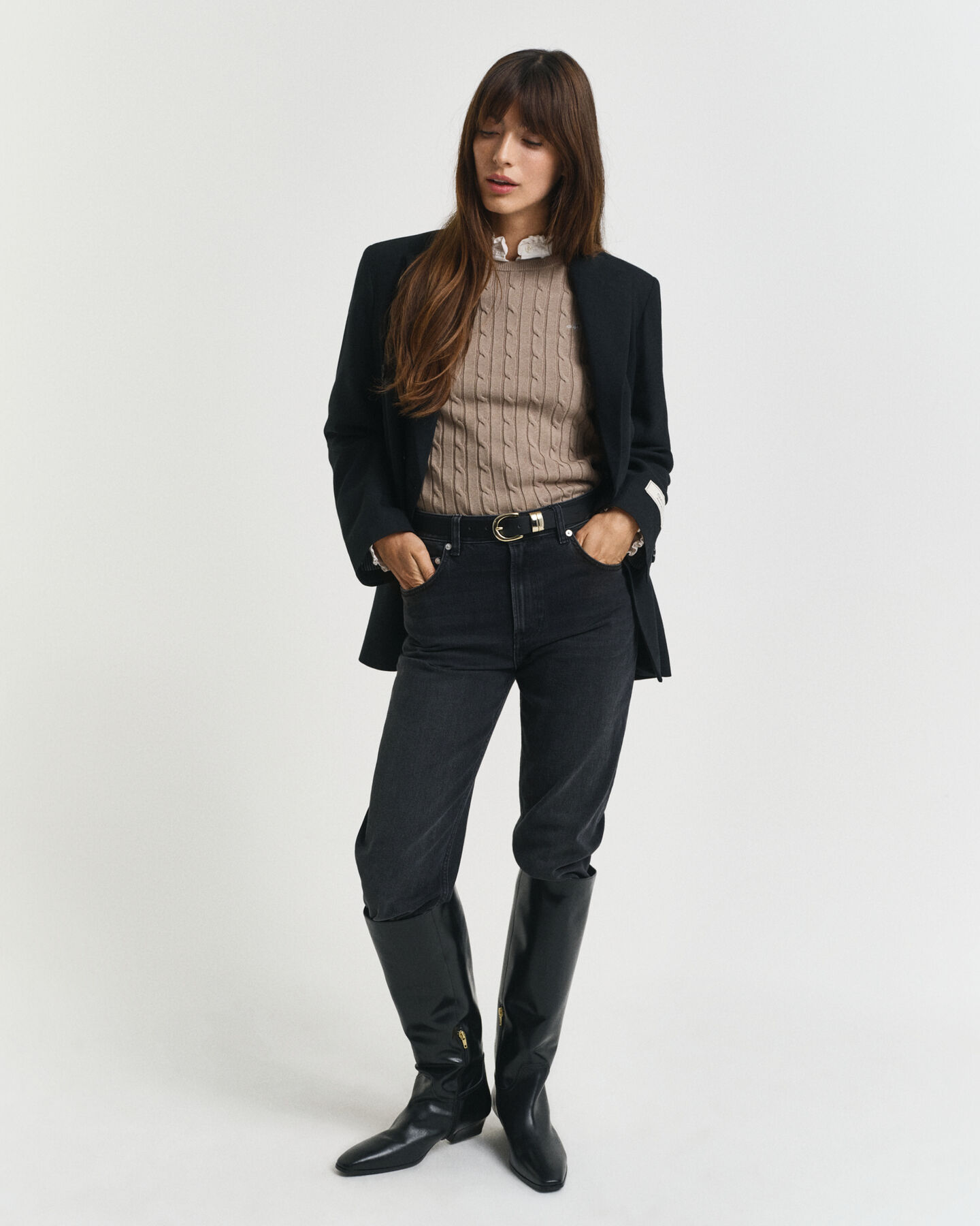 Pull col rond en maille de coton stretch à torsades