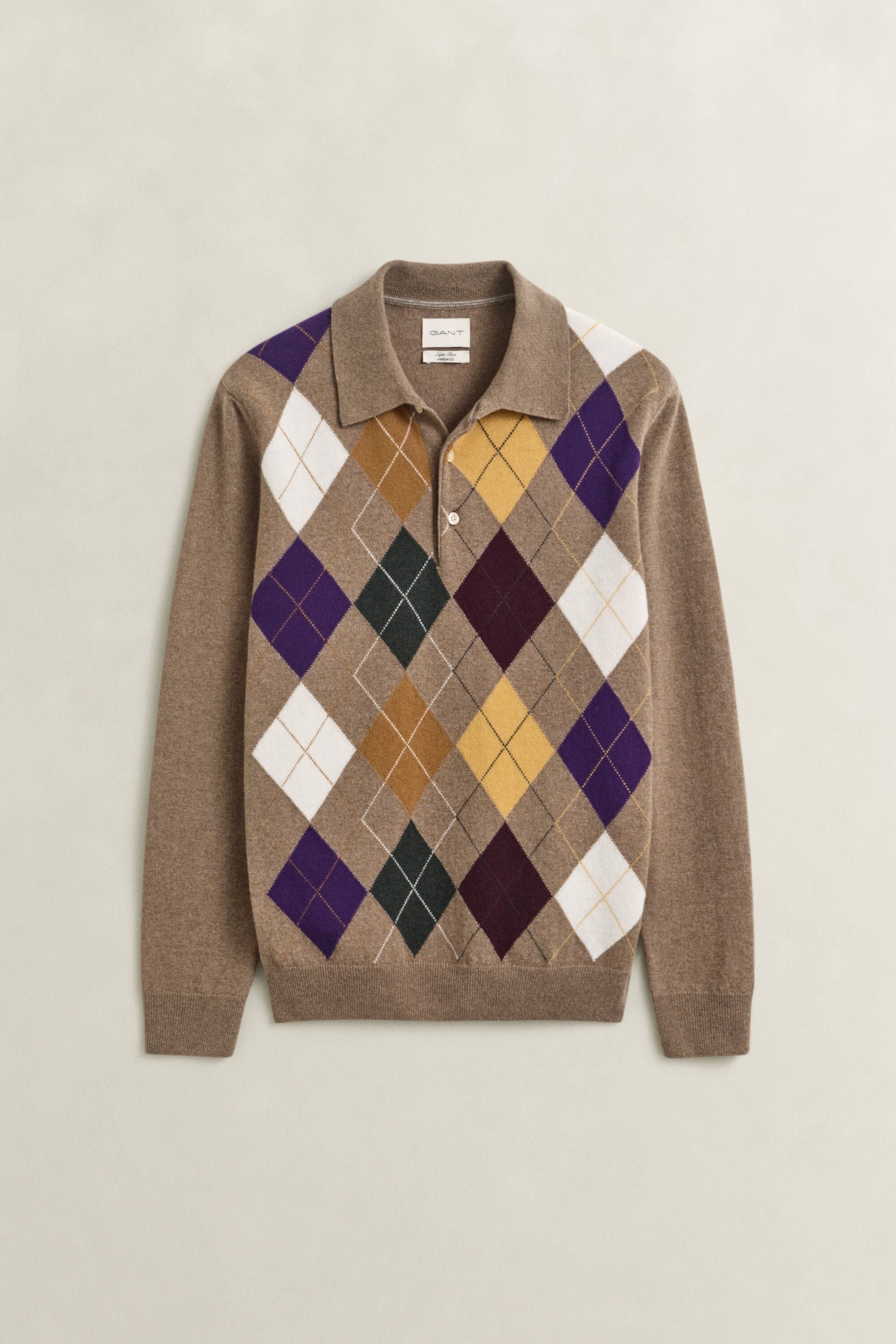 Pull argyle façon polo en laine d’agneau ultrafine