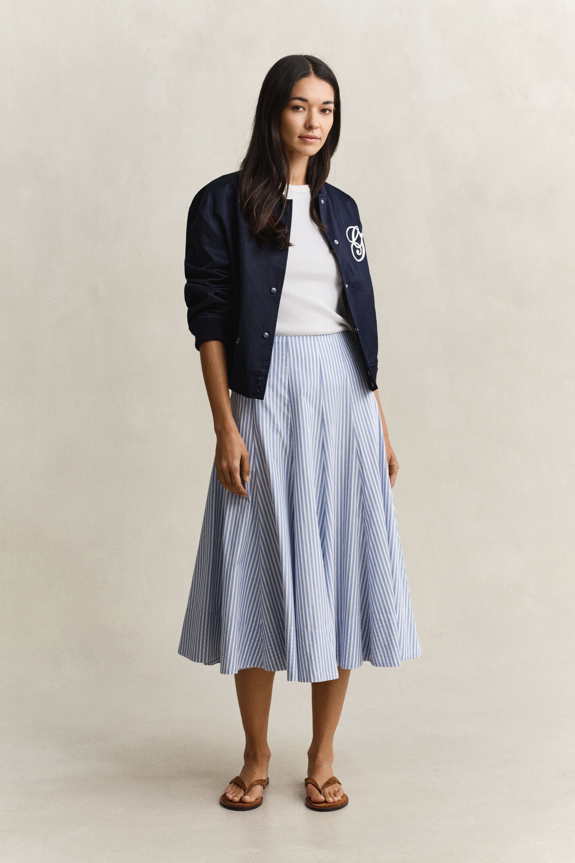 Jupe midi en coton à rayures