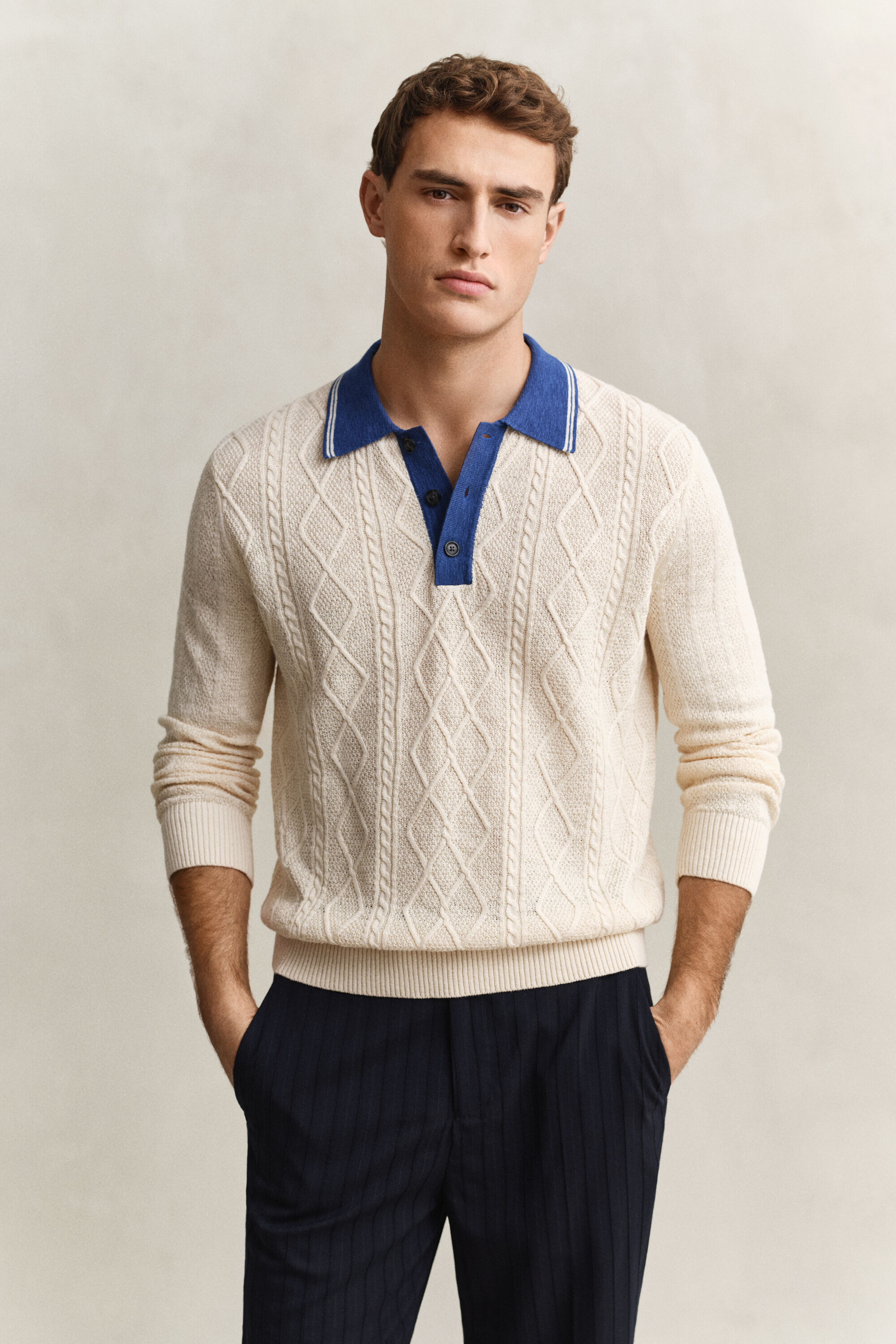 Pull façon polo en maille torsadée
