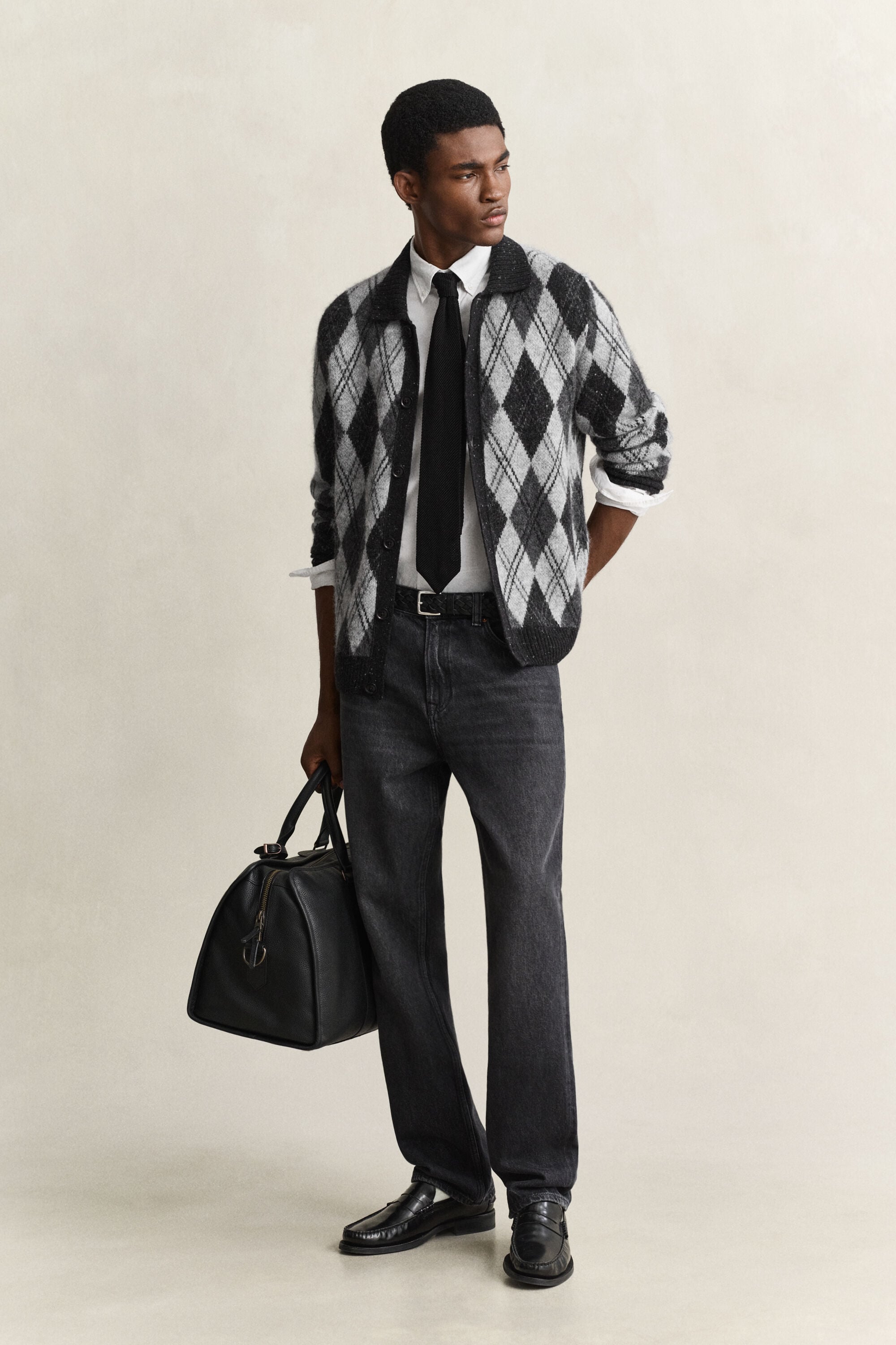 Cardigan façon polo en laine d’alpaga mélangée à motif argyle