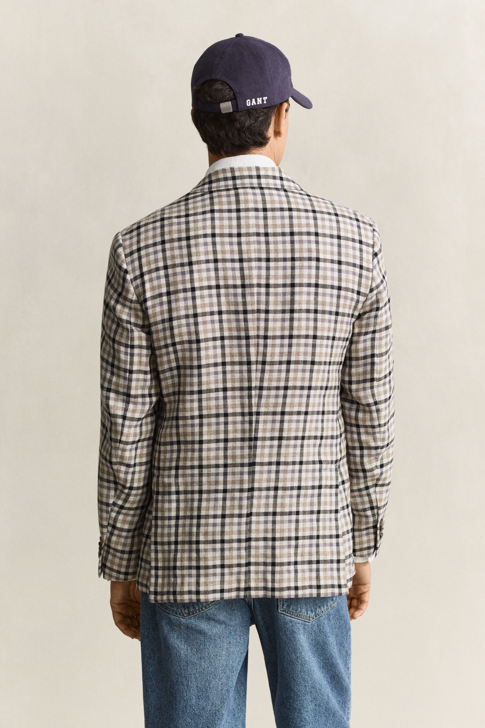 Veste blazer en lin et laine à carreaux