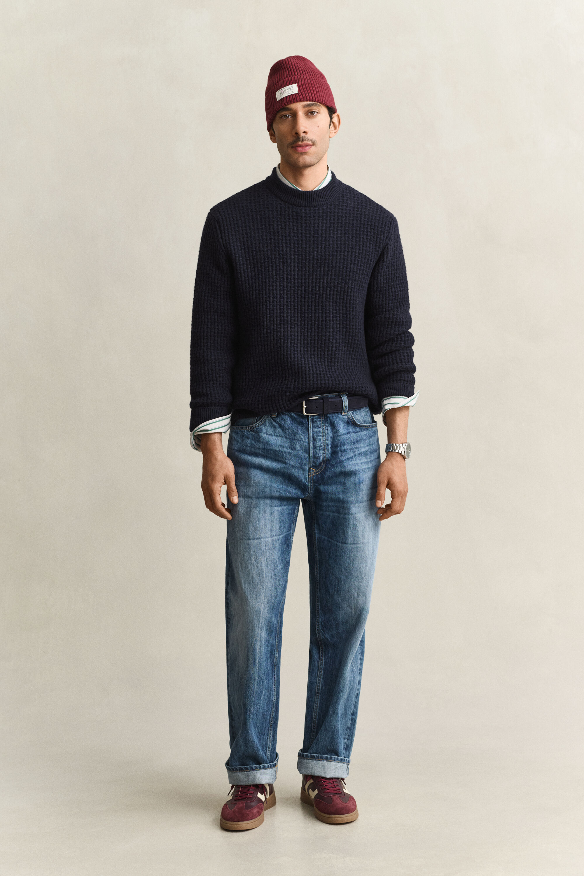Pull texturé à col cheminée en laine et coton