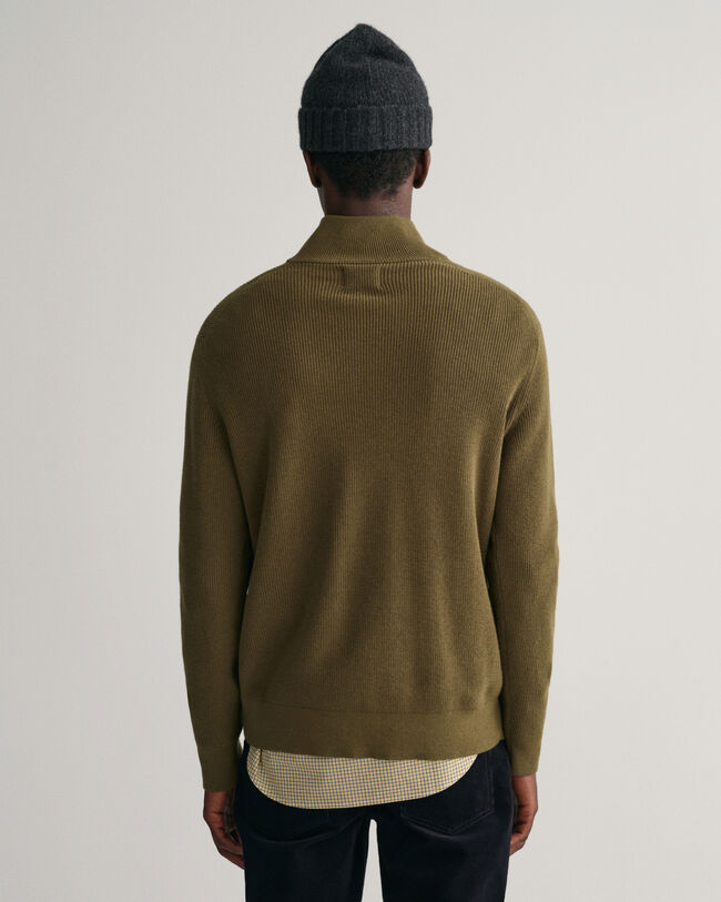 Pull à demi-zip en laine et coton côtelés