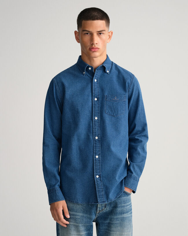 Chemise regular fit en jacquard indigo &agrave; pois