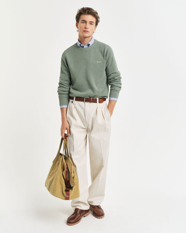 Pull col rond en coton piqu&eacute;