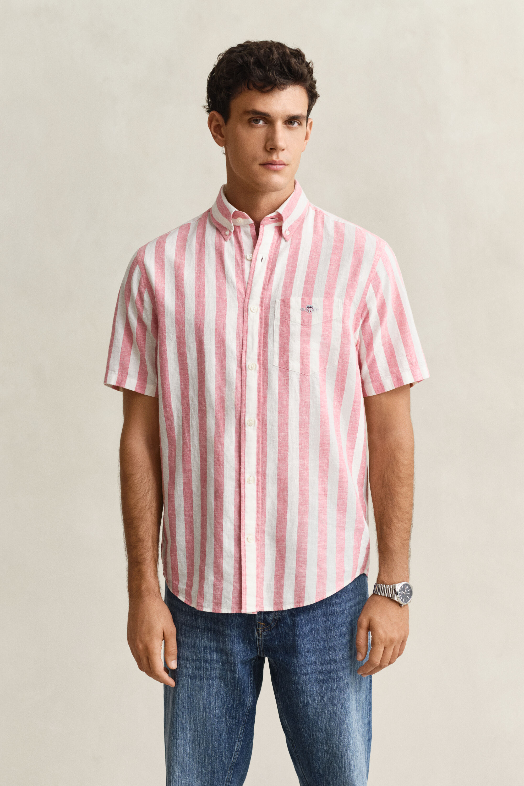 Chemise à manches courtes en lin mélangé à rayures