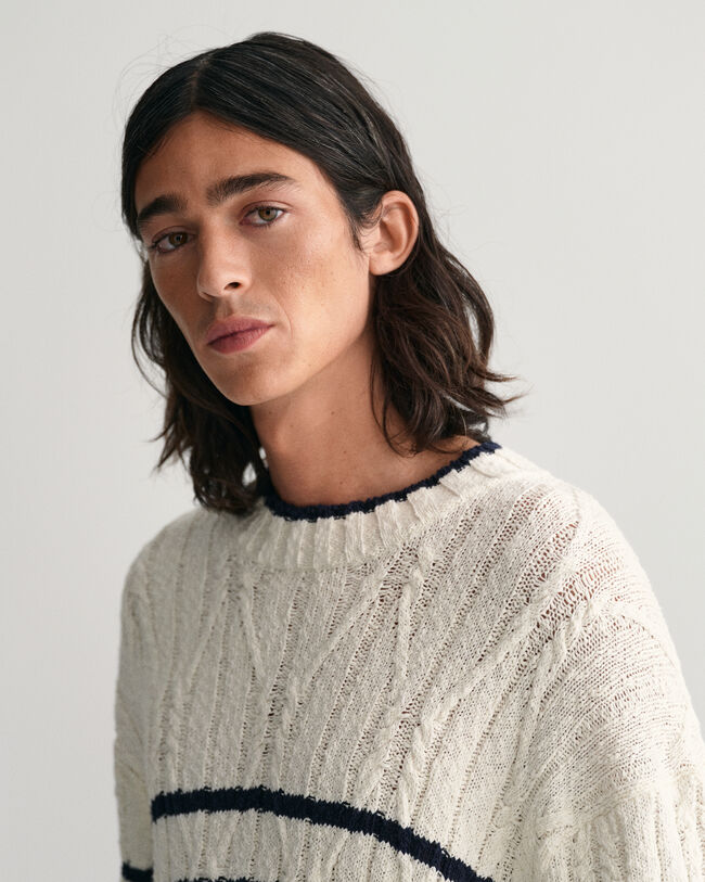 Pull ras du cou en maille torsad&eacute;e &agrave; rayures