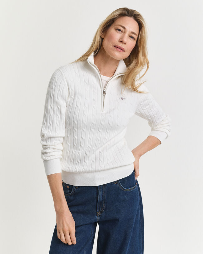 Pull à demi-zip en maille de coton torsadée stretch