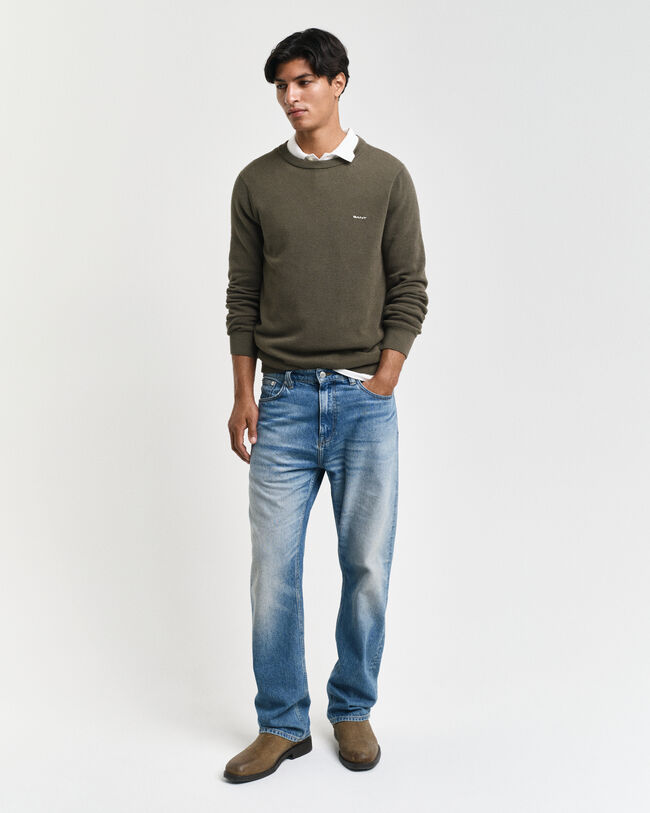 Pull col rond en coton piqu&eacute;