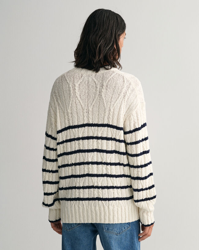 Pull ras du cou en maille torsad&eacute;e &agrave; rayures