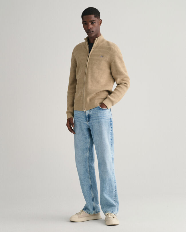 Cardigan zipp&eacute; en coton textur&eacute; &agrave; rayures