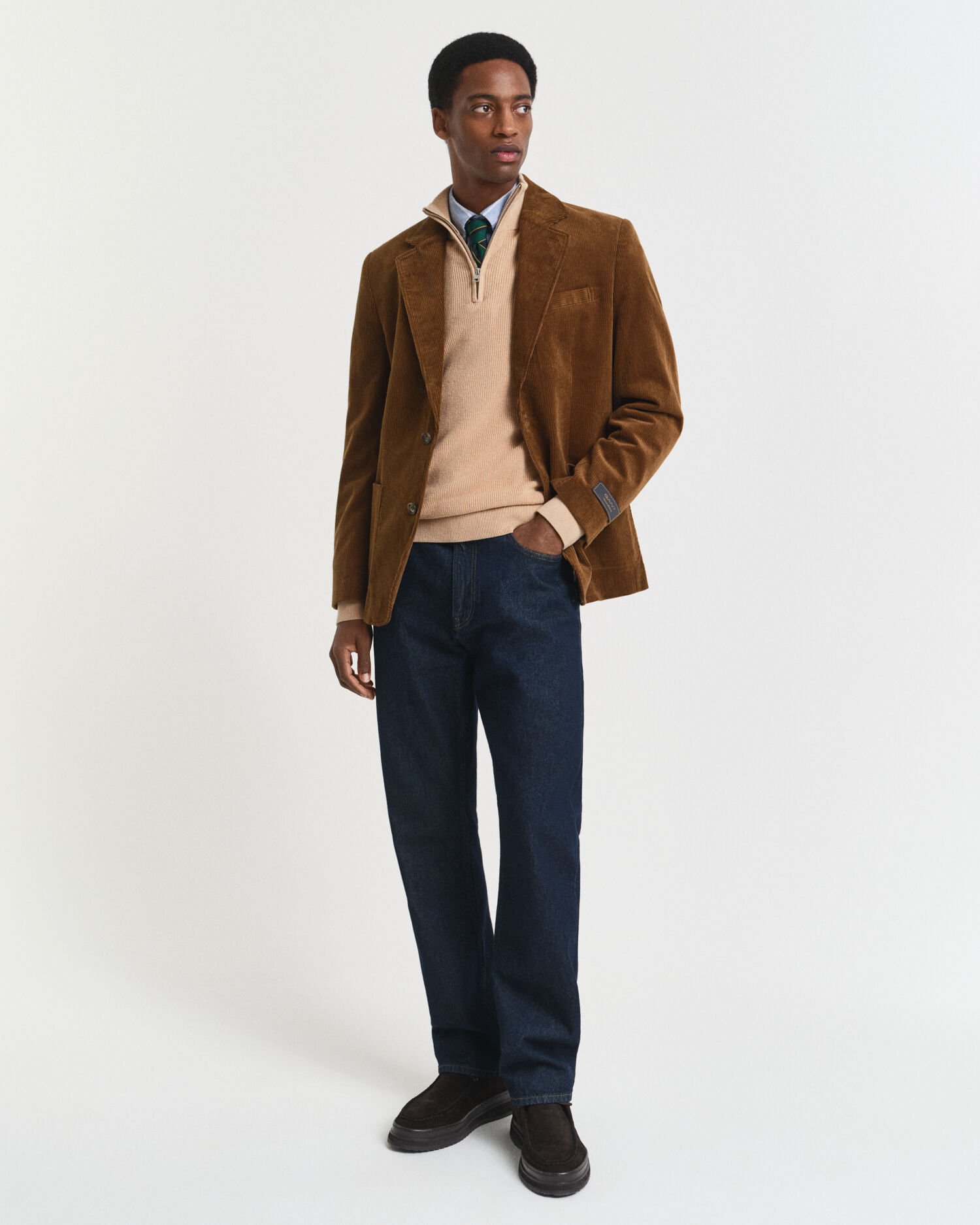 Pull à demi-zip côtelé en coton et laine mérinos