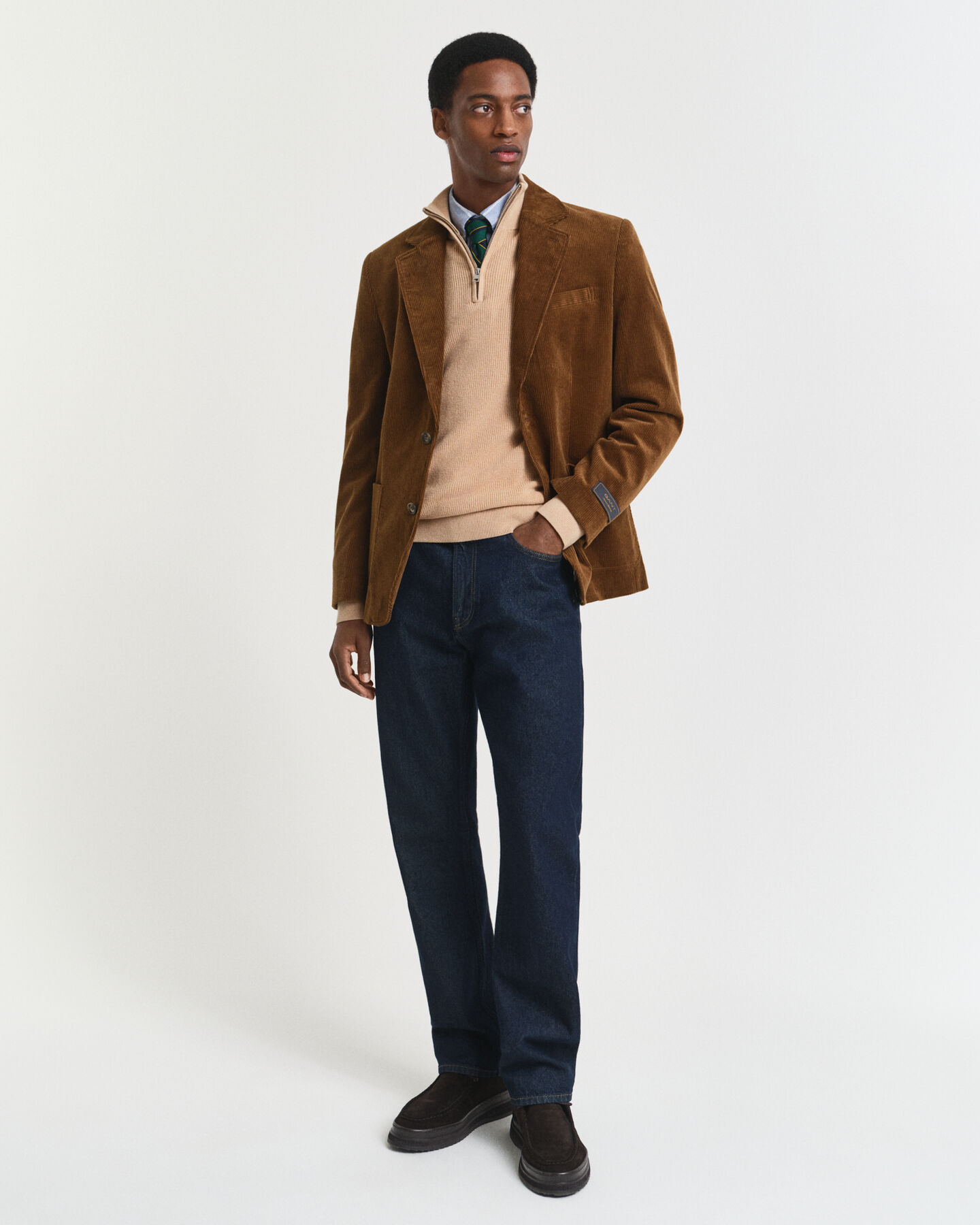 Pull à demi-zip côtelé en coton et laine mérinos