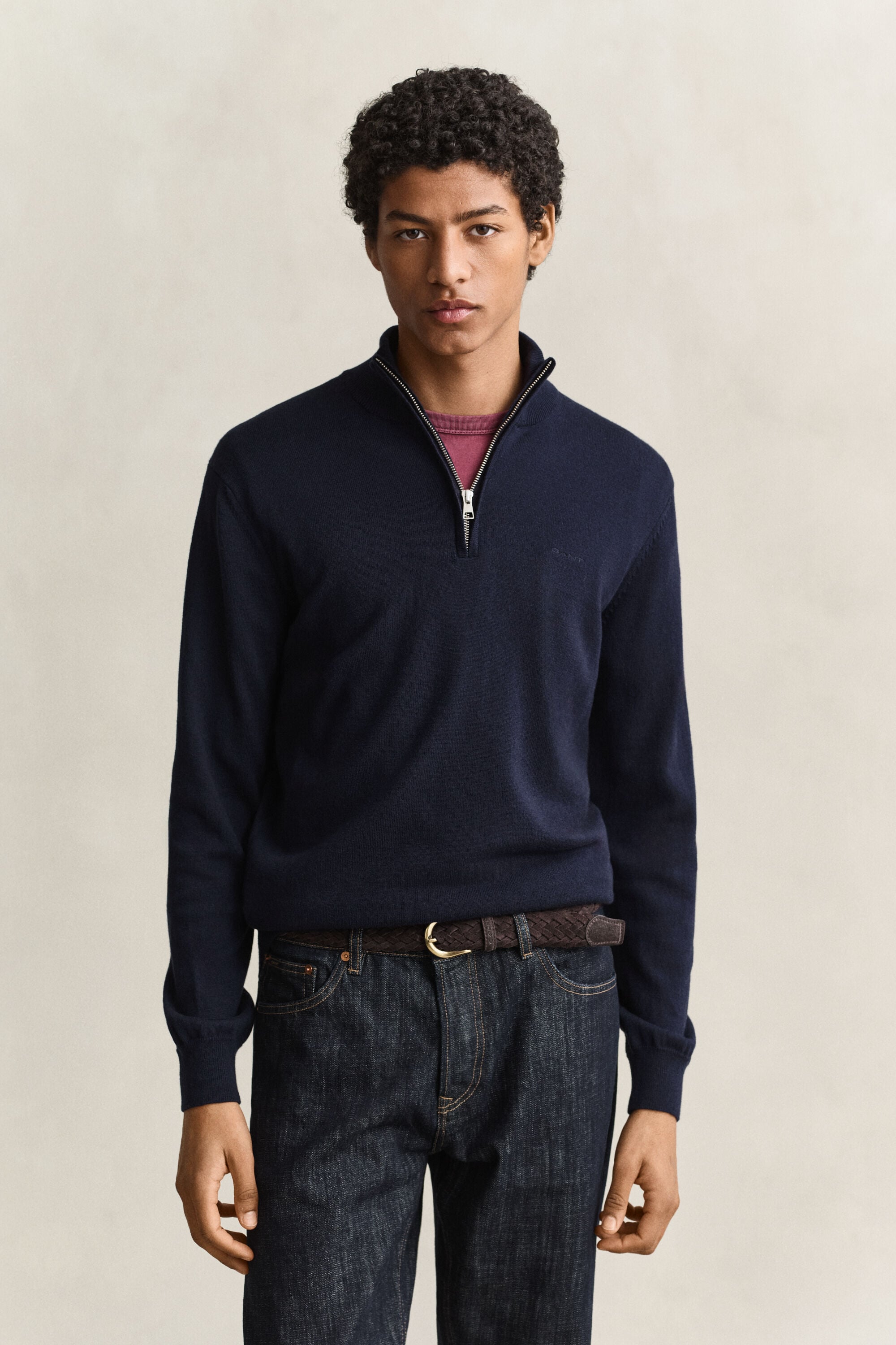 Pull à demi-zip en coton et laine