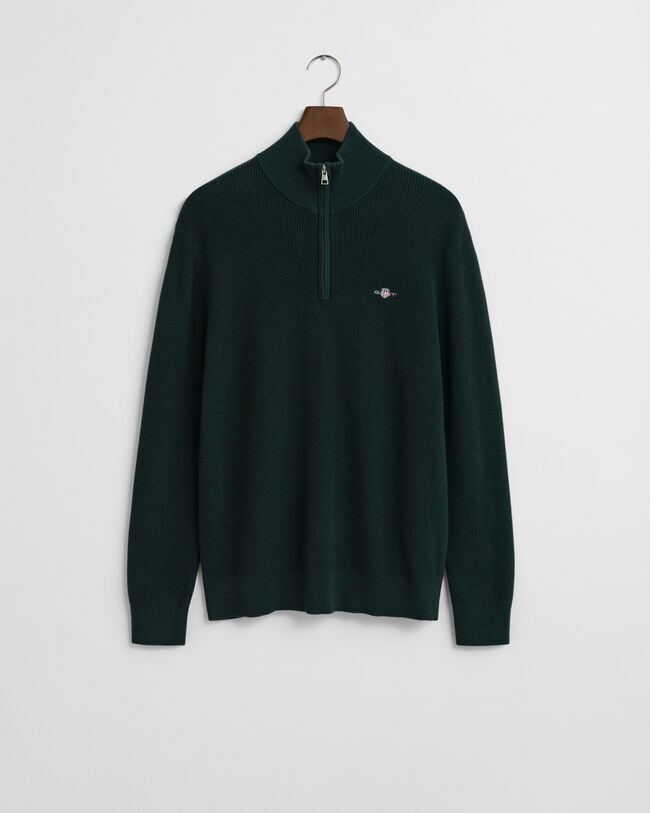 Pull à demi-zip côtelé en coton et laine mérinos