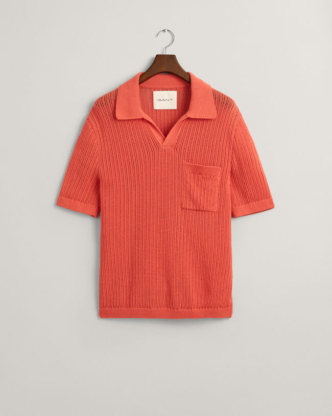 Pull façon polo en lin mélangé côtelé à manches courtes